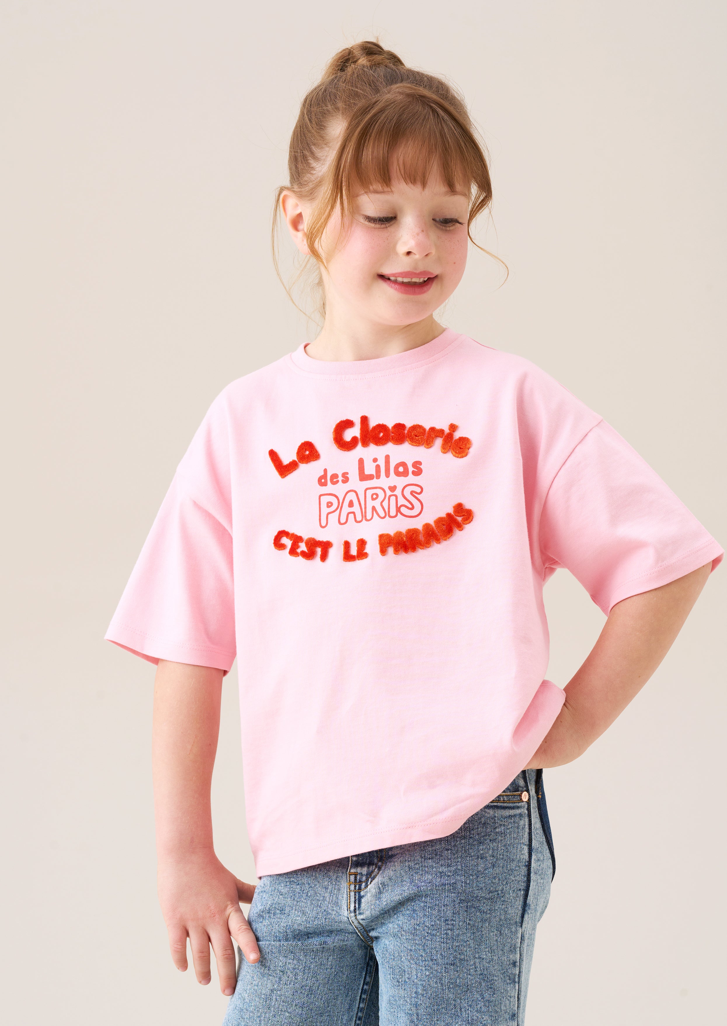 cotton girl pink flocked tee