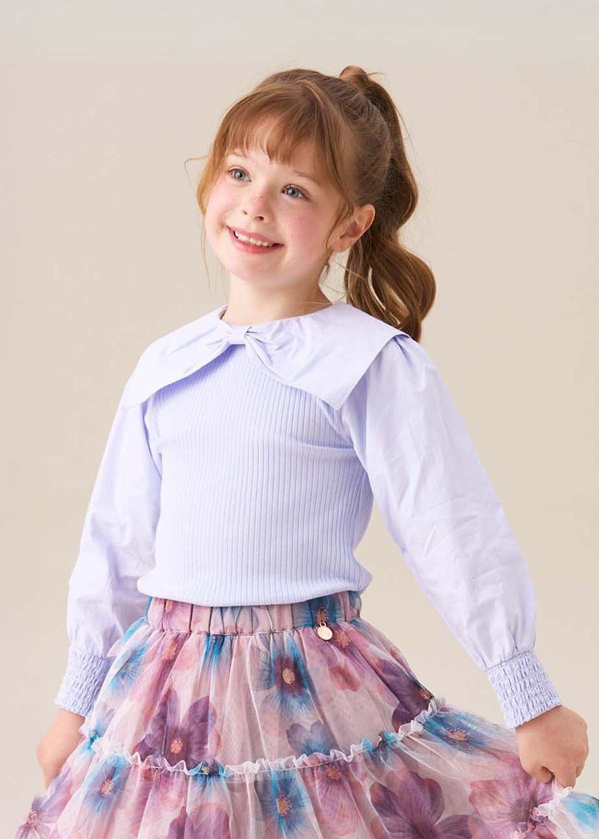 Girl Bow Collar Woven Sleeve Top