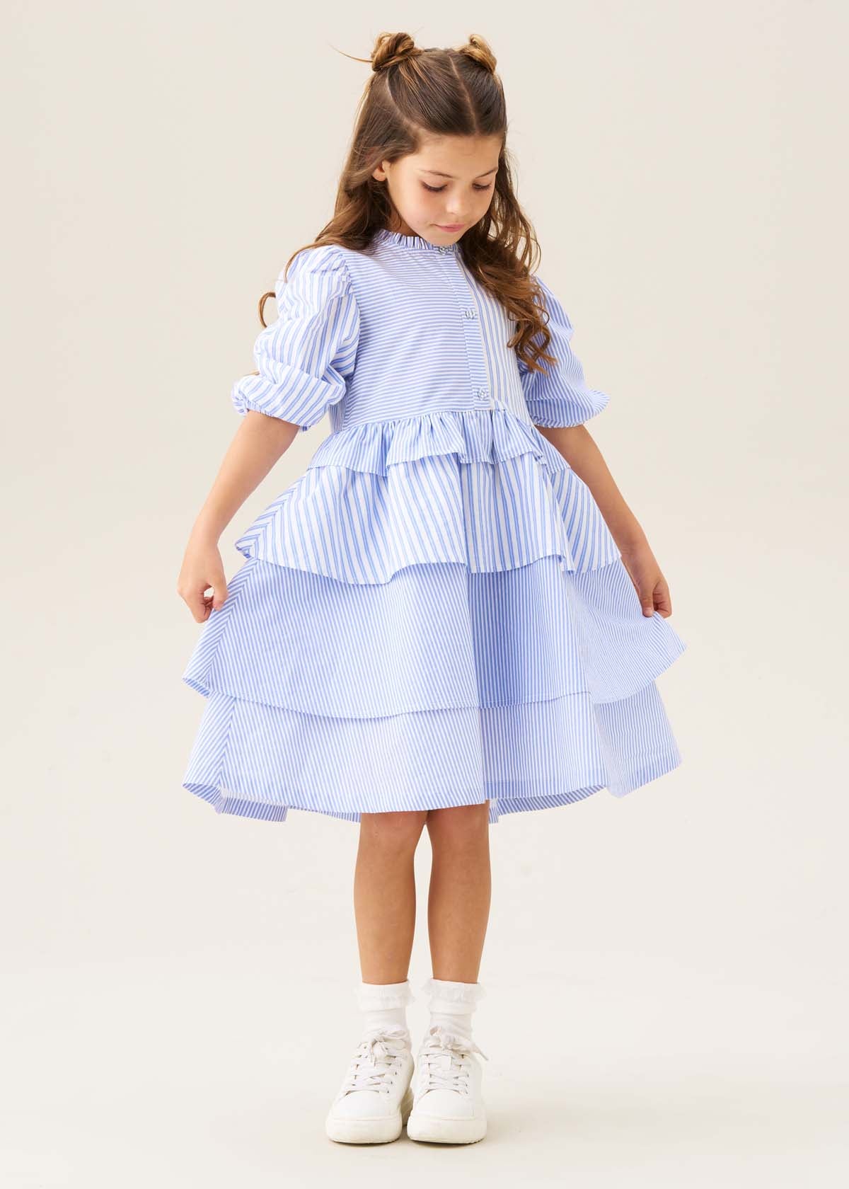 casual girls blue mixed stripe tiered dress