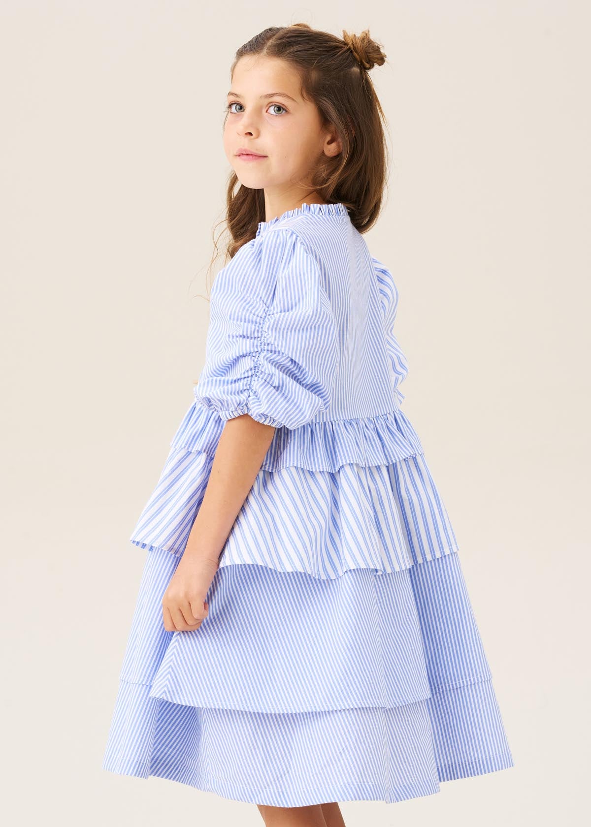 maxi girls blue mixed stripe tiered dress