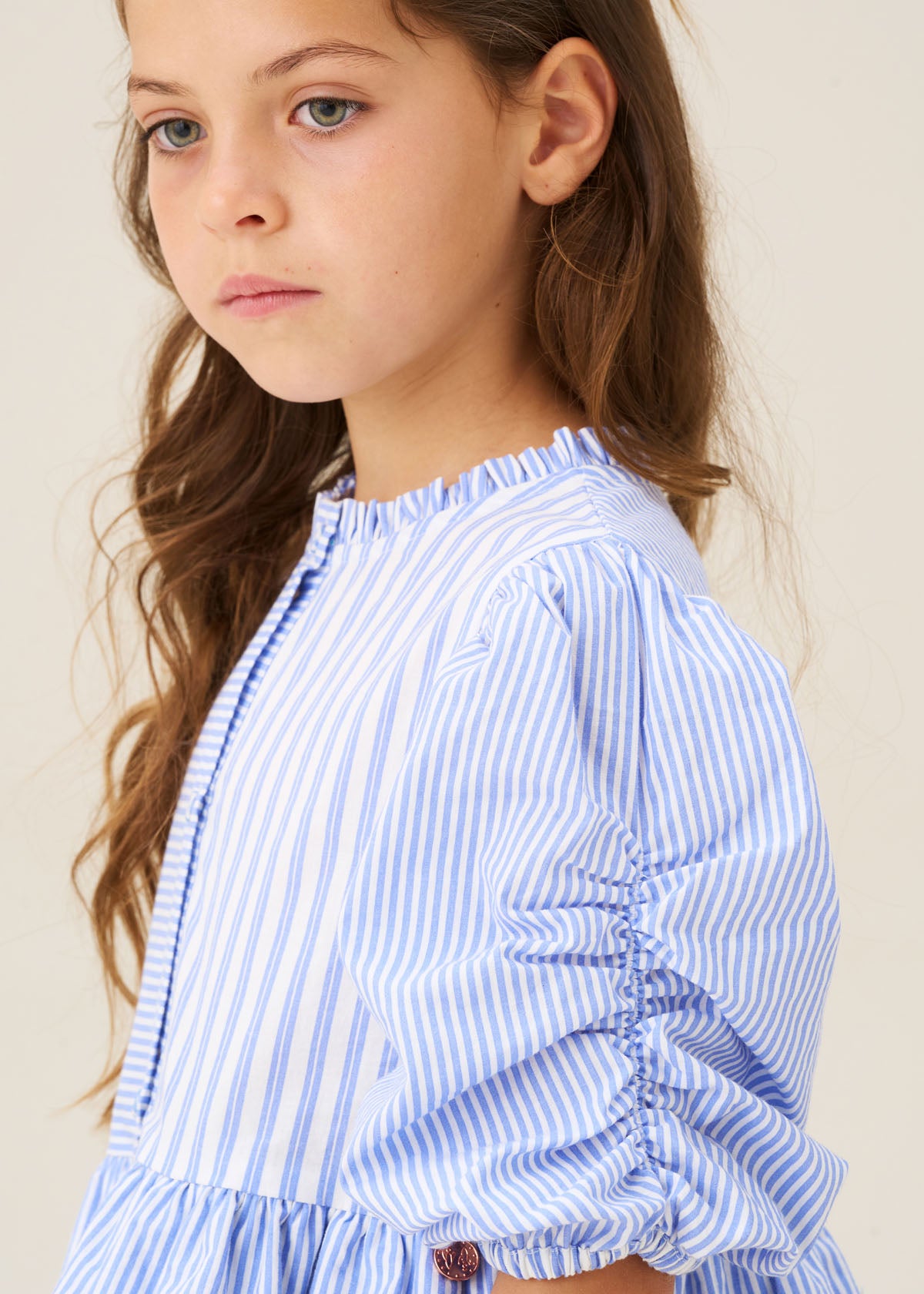 Girls Cotton Blue Mixed Stripe Tiered Dress