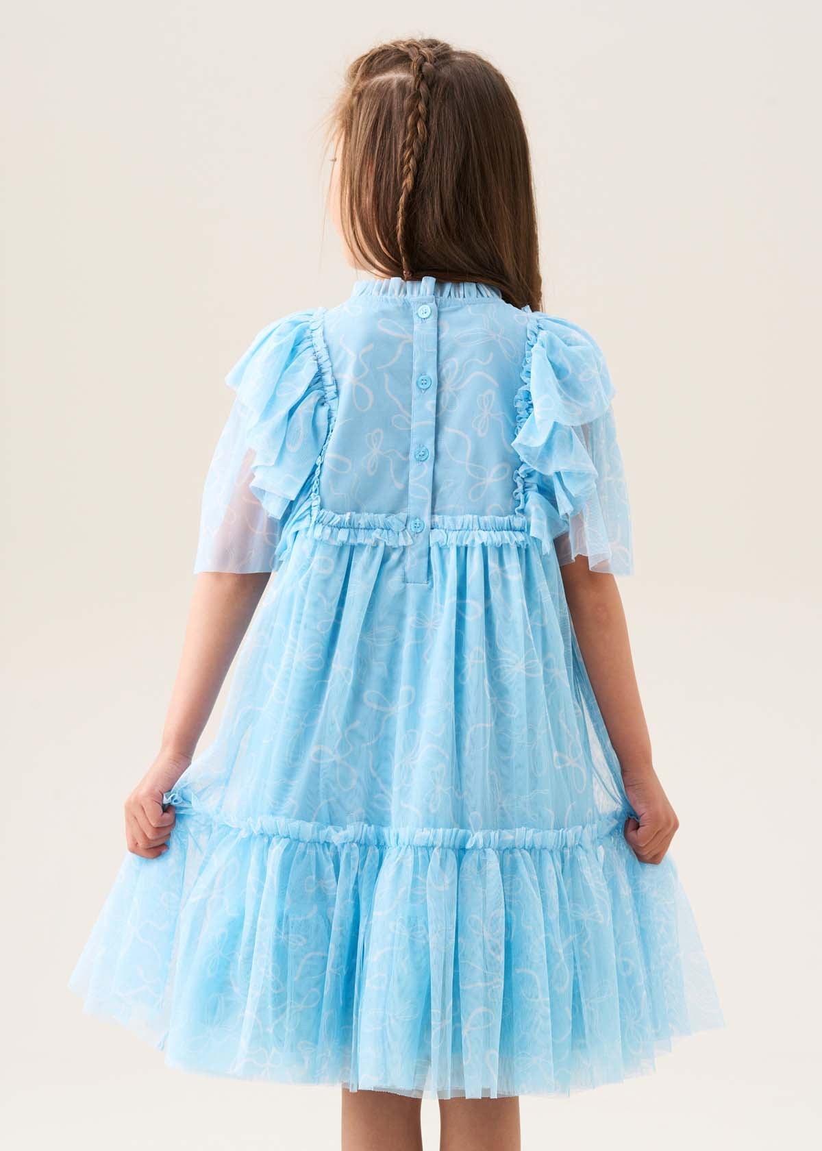 Girls Cotton Bow Print Mesh Dress Blue