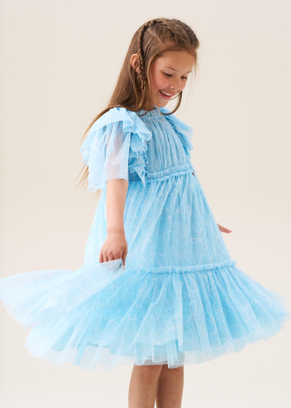 maxi girls bow print mesh dress blue