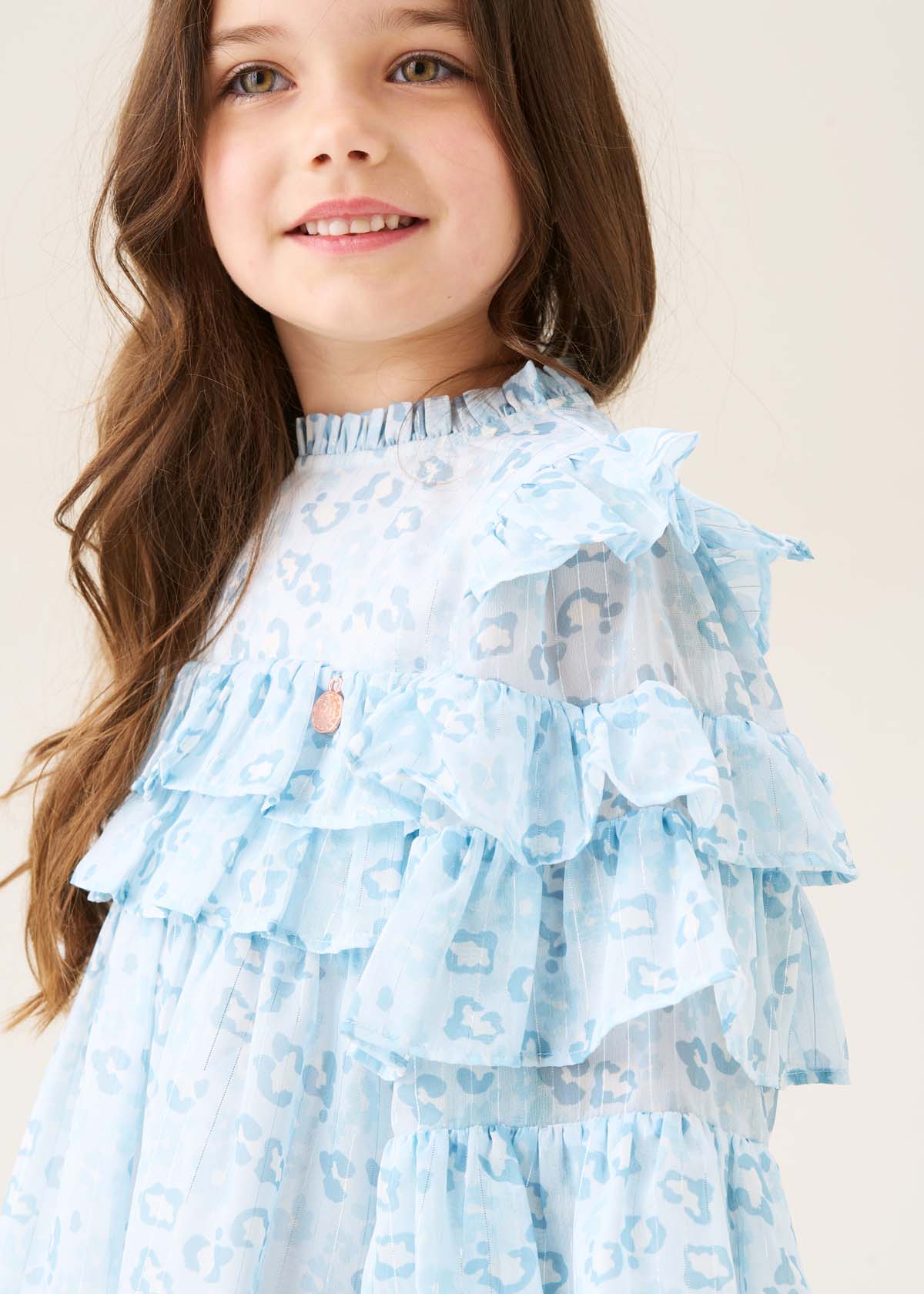midi girls imogen blue leopard frill dress blue