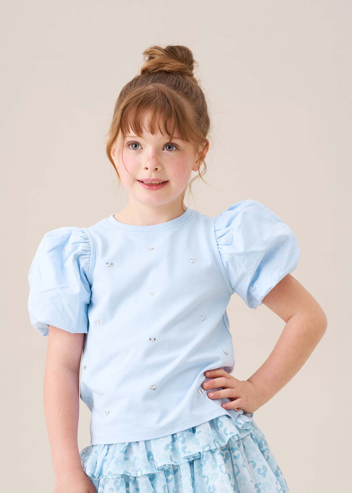 Girl Diamonte Puff Sleeve Tee Blue