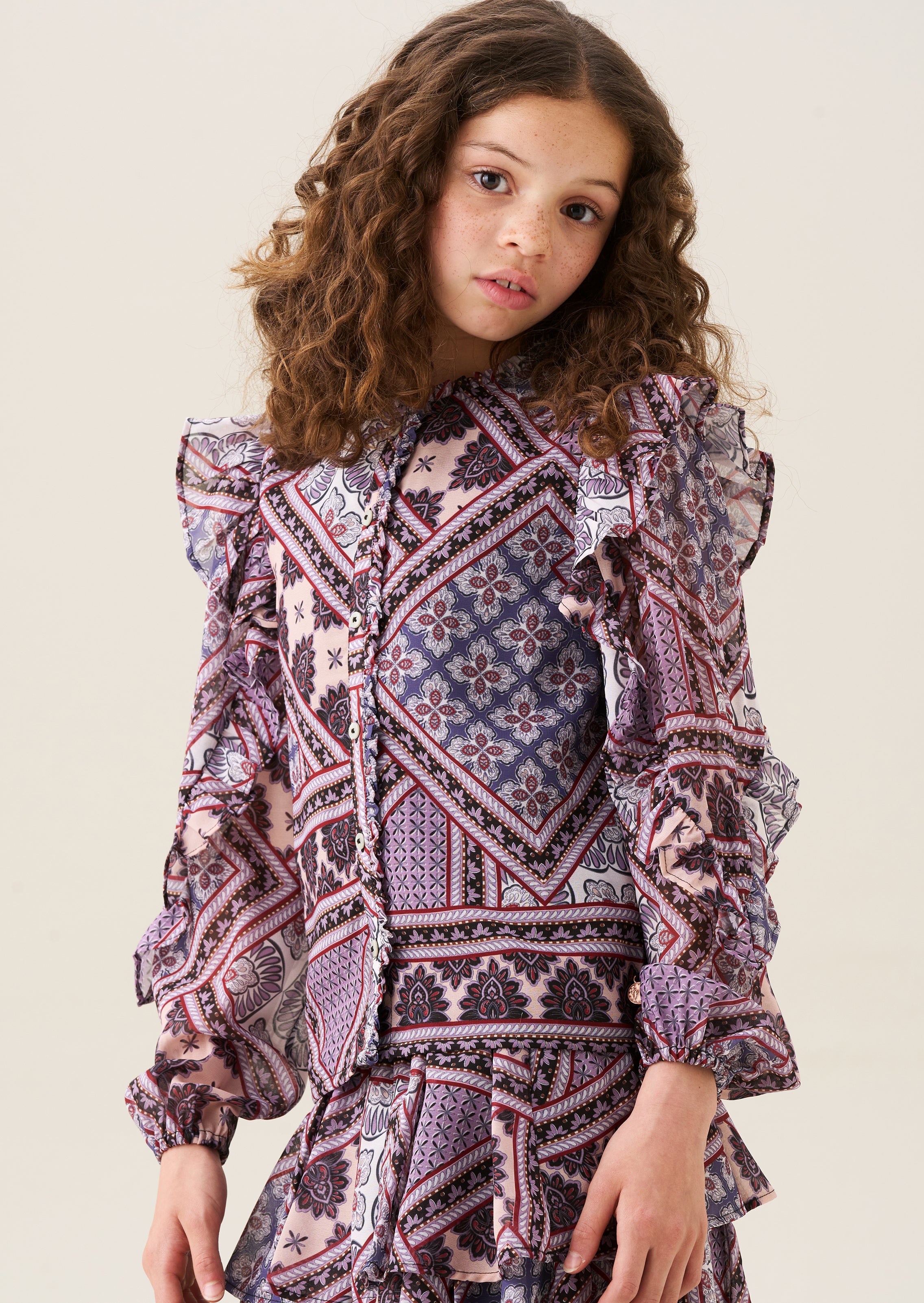 Girls Frill Sleeve Boho Print Blouse Purple