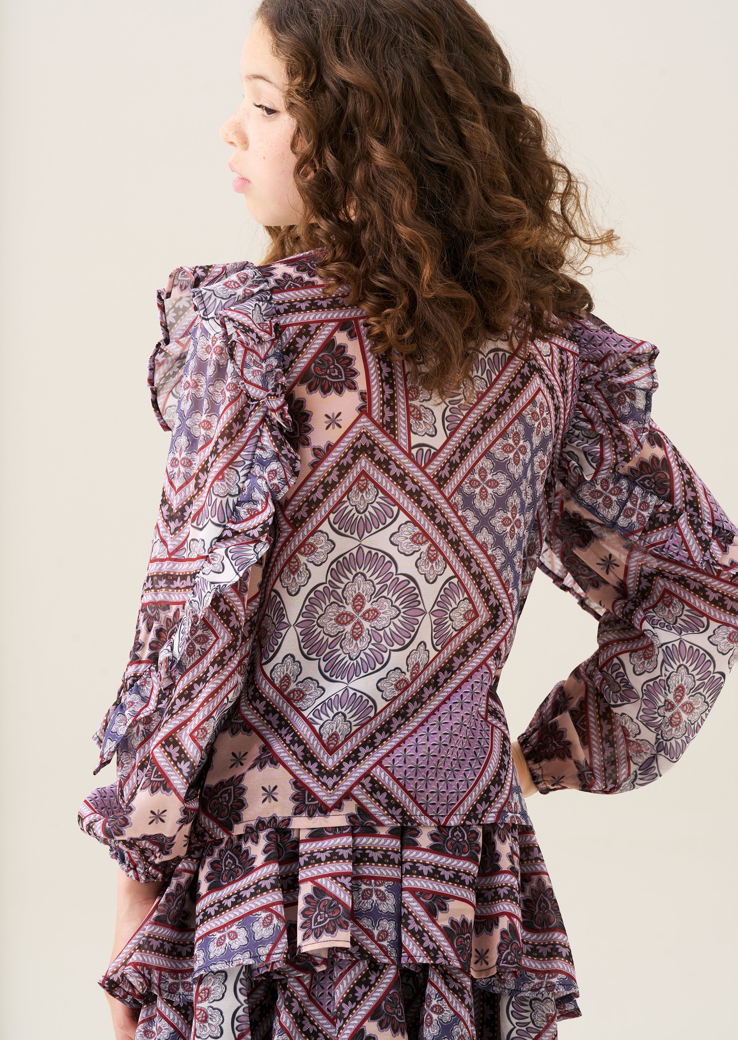 buy online Girls Frill Sleeve Boho Print Blouse Purple