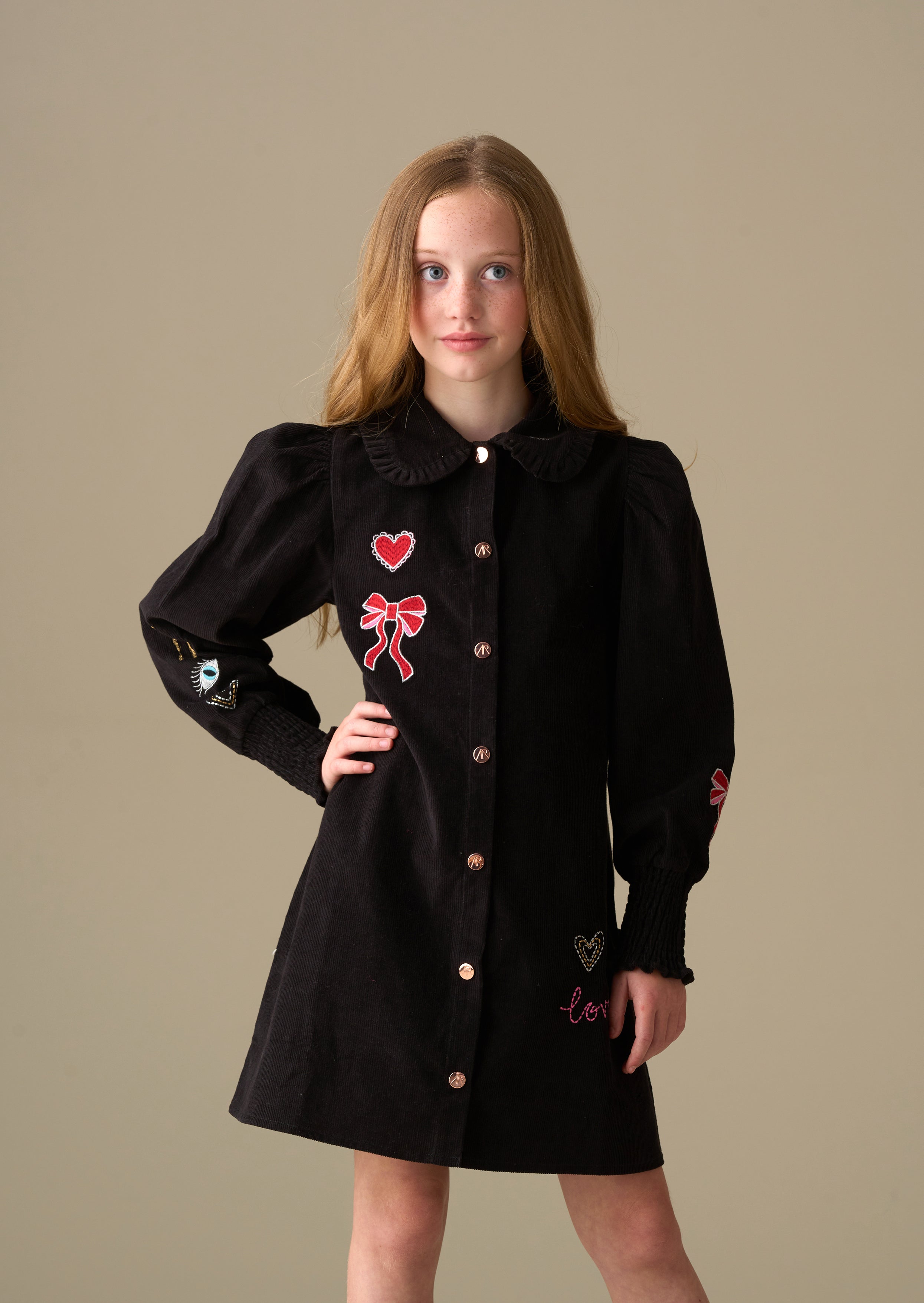 Girl Embroidered Cord Shirt Dress