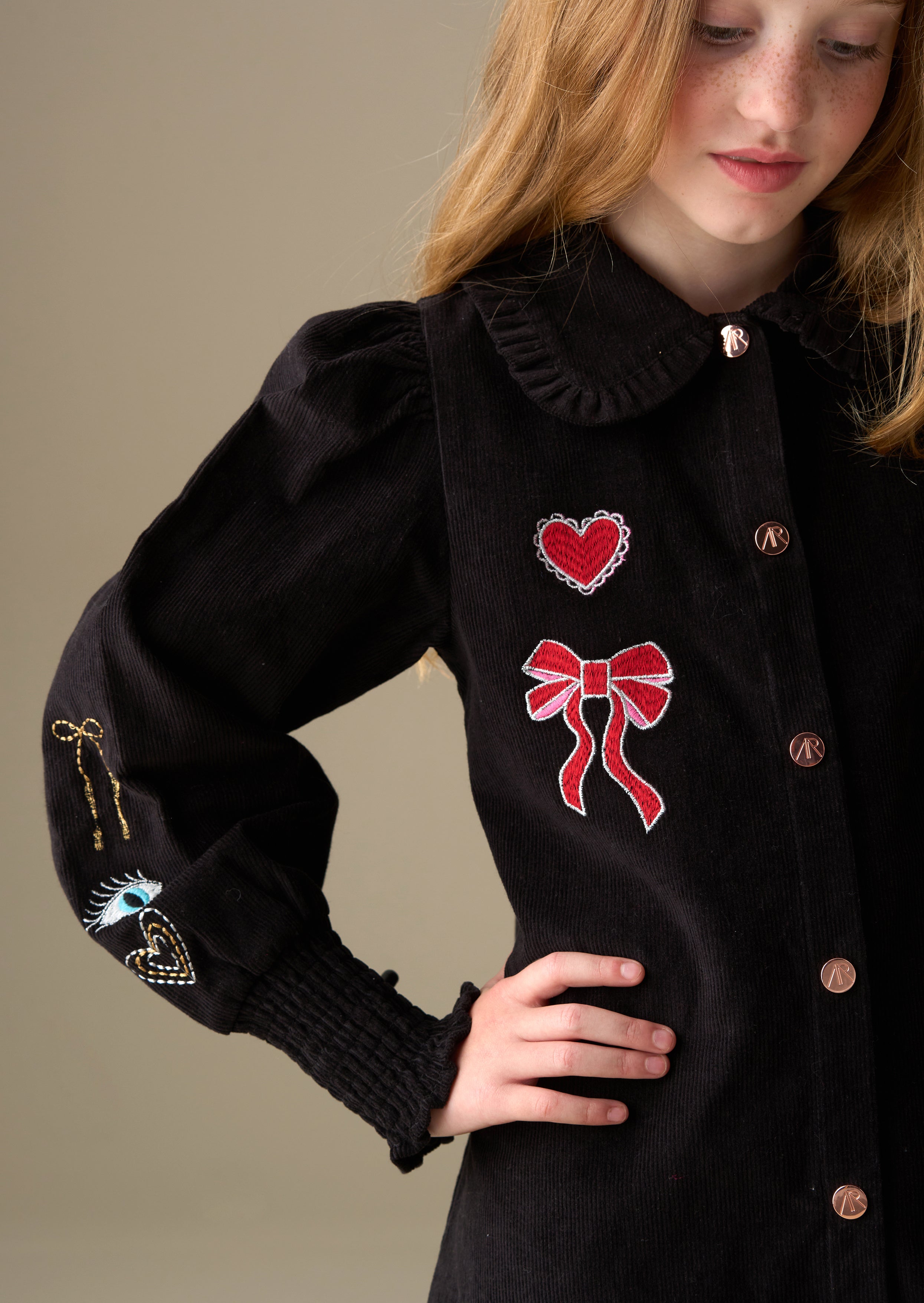 Girl Embroidered Cord Shirt Dress