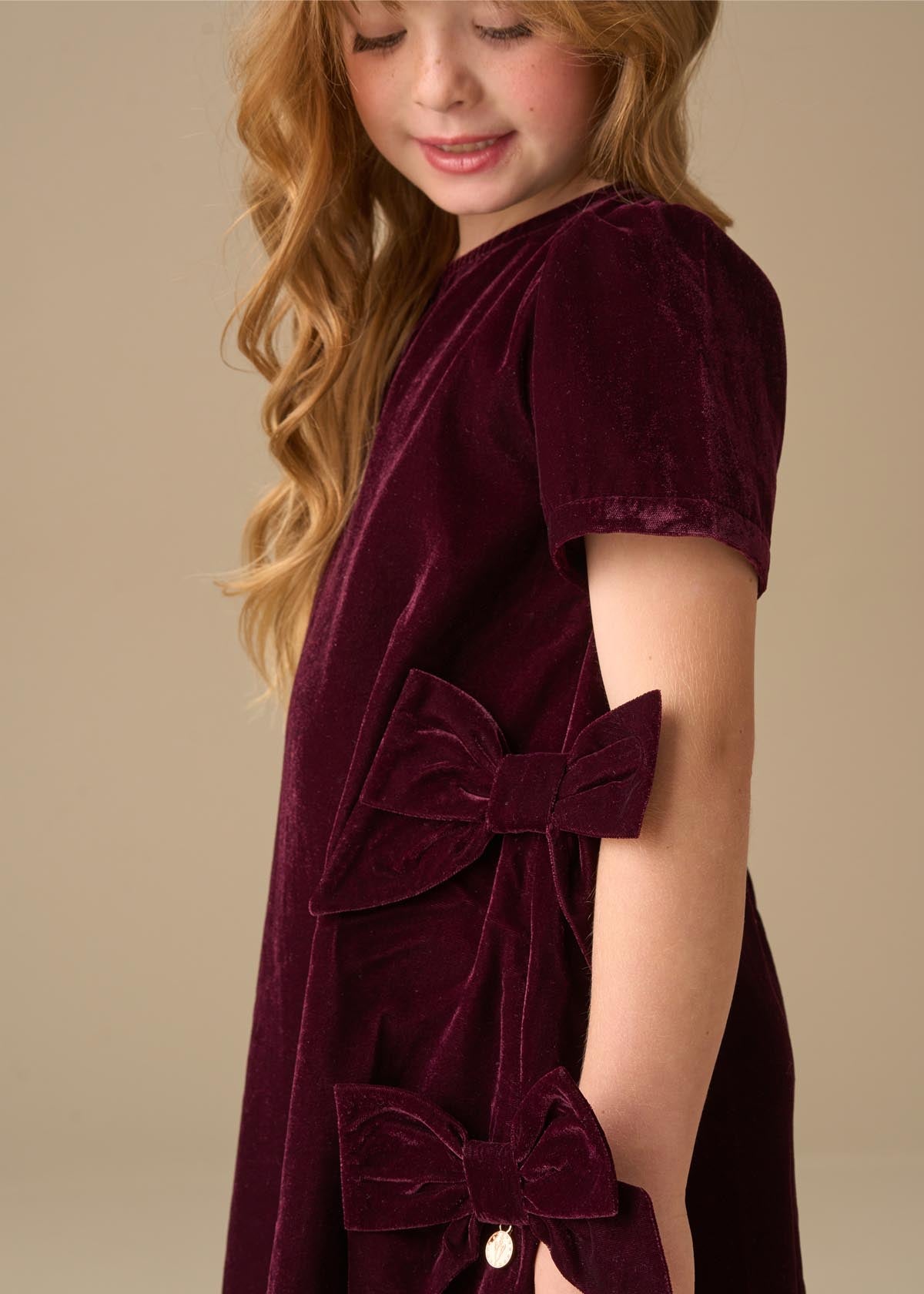 short sleeve girls velvet bow shift dress