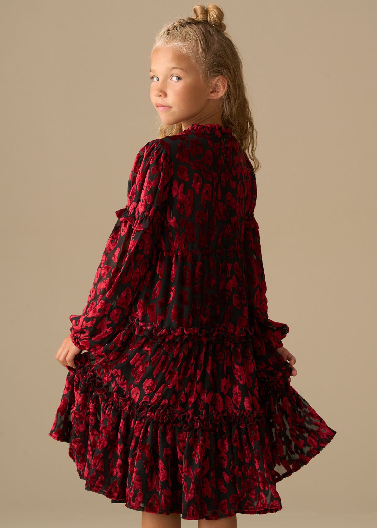 midi girl devore velvet tiered dress