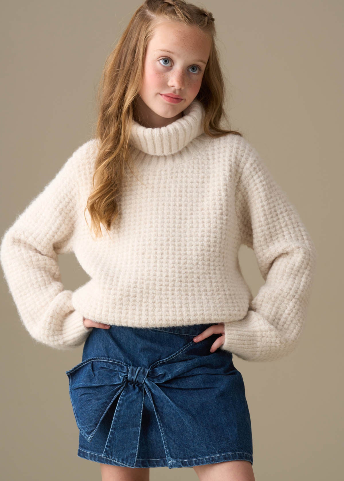 mid-length girls denim bow aline skirt