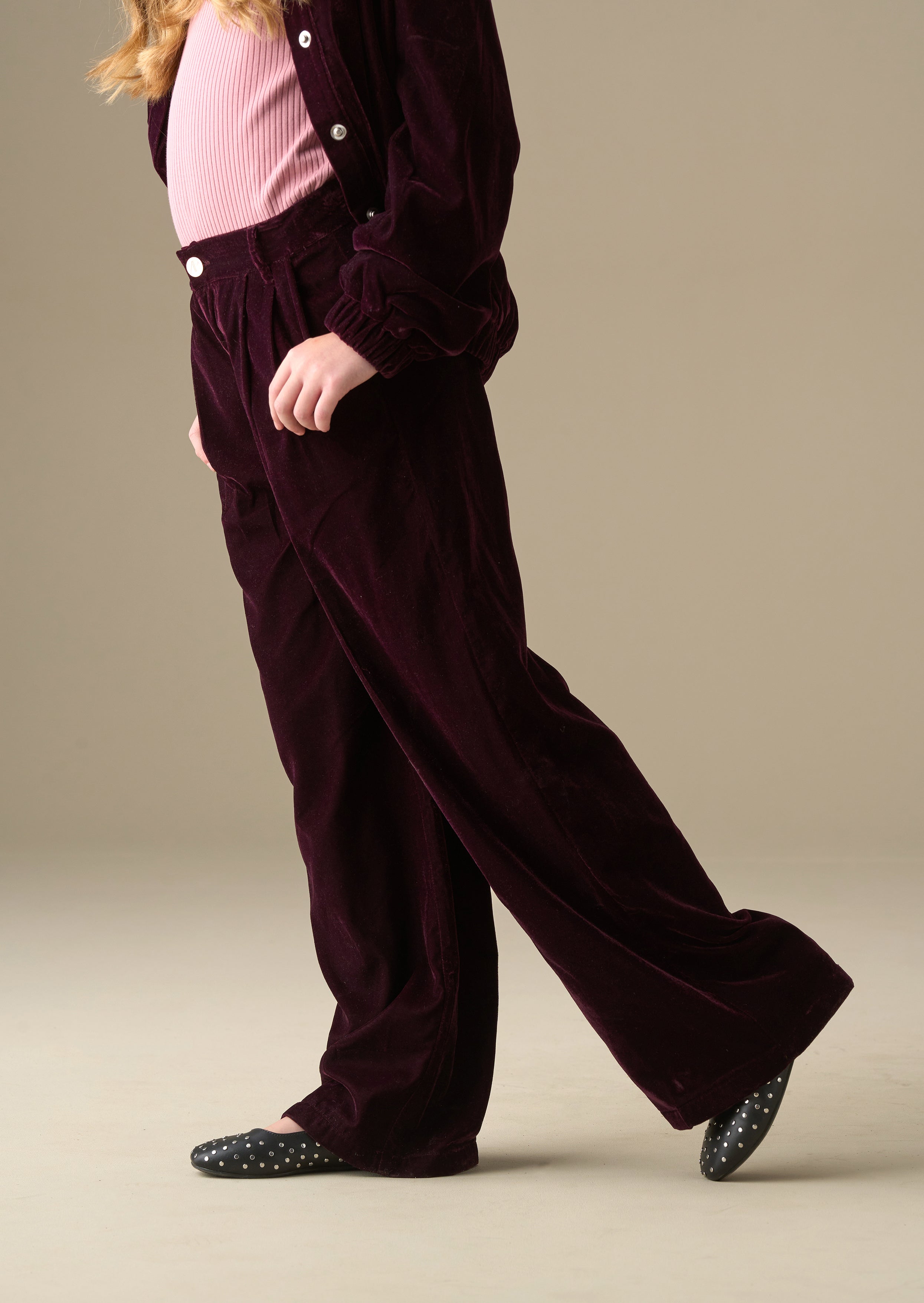 loose fit girls velvet wide leg trousers