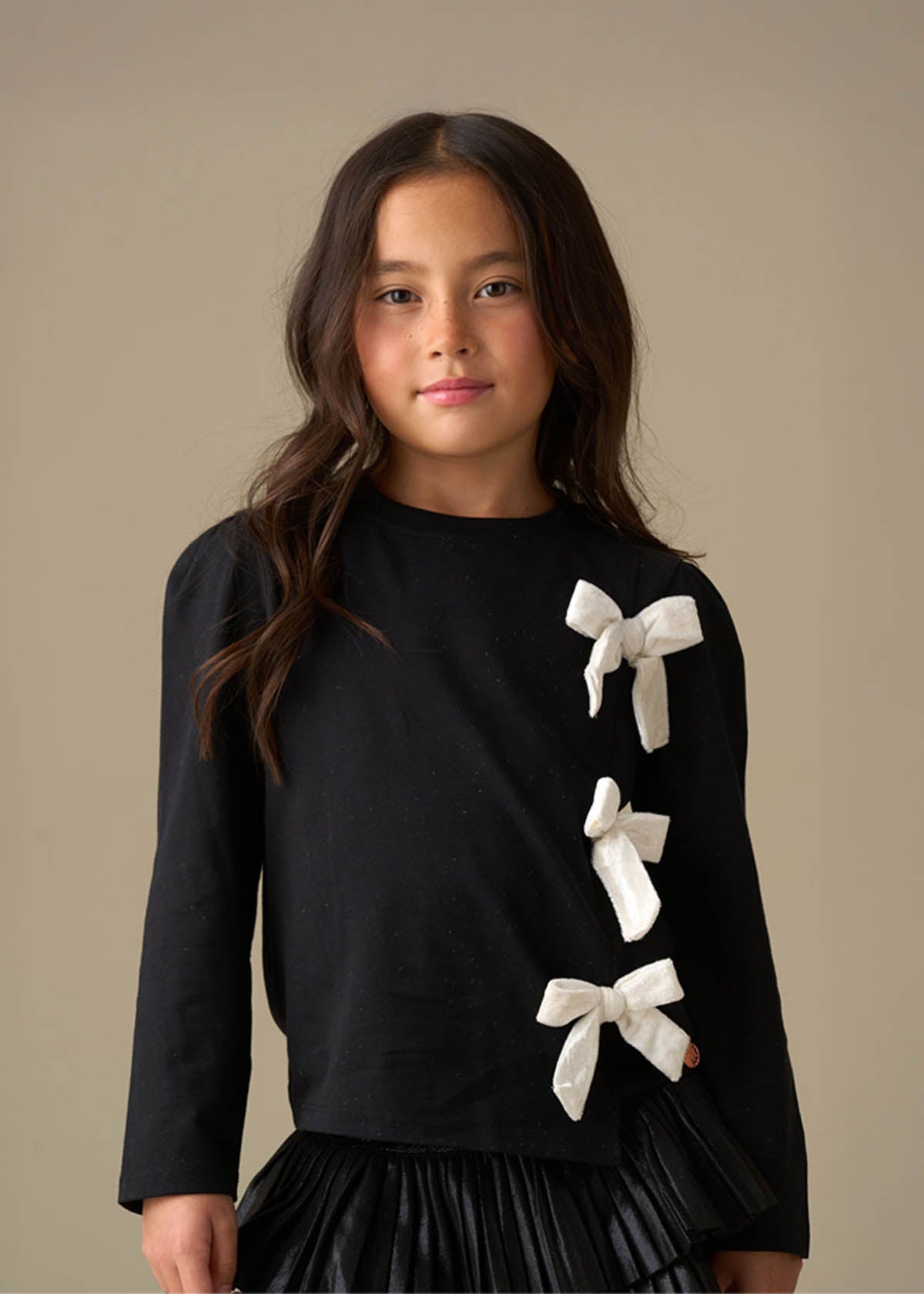 Girl Asymmetric Bow Ls Top - Black