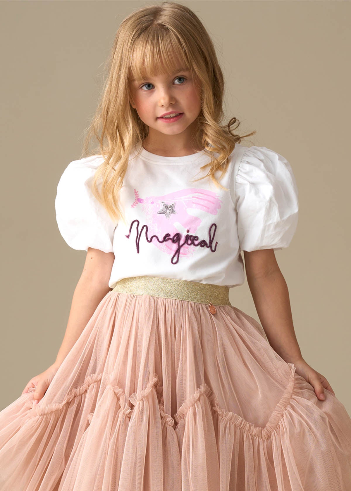 short sleeve girl puff embellished top white