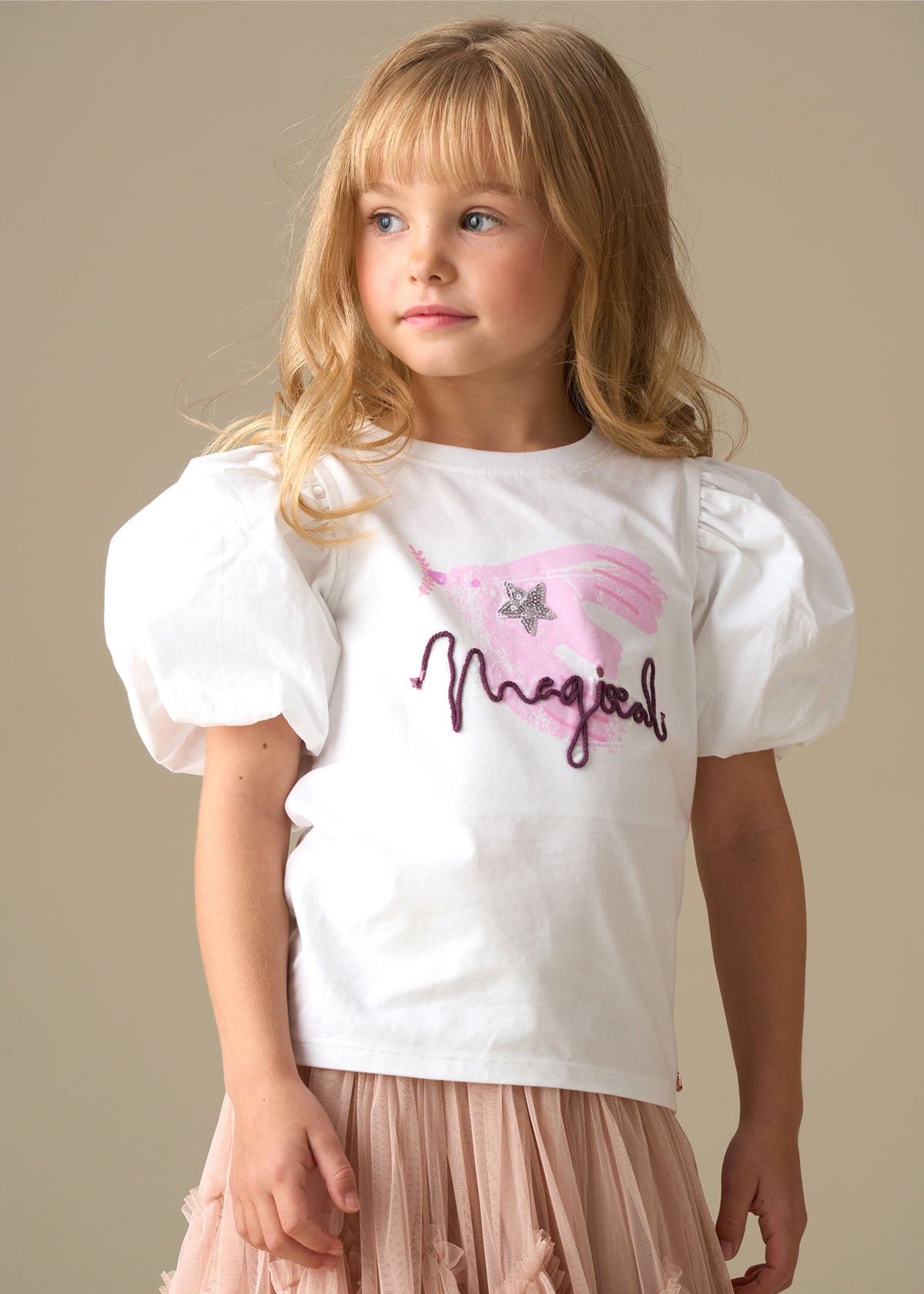 cotton girl puff sleeve embellished top white