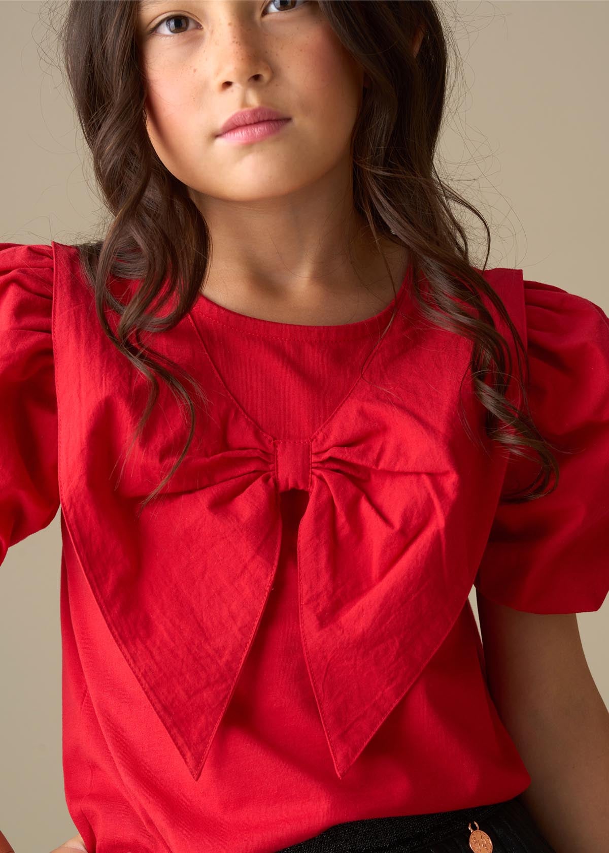 cropped girl woven collar puff sleeve top red