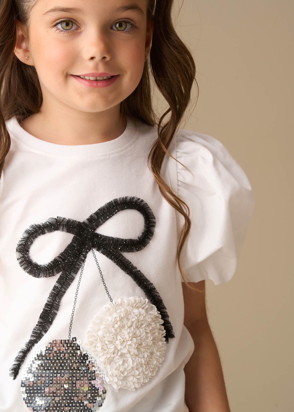 Elodie Disco Ball Embellished Puff Sleeve Tee - White