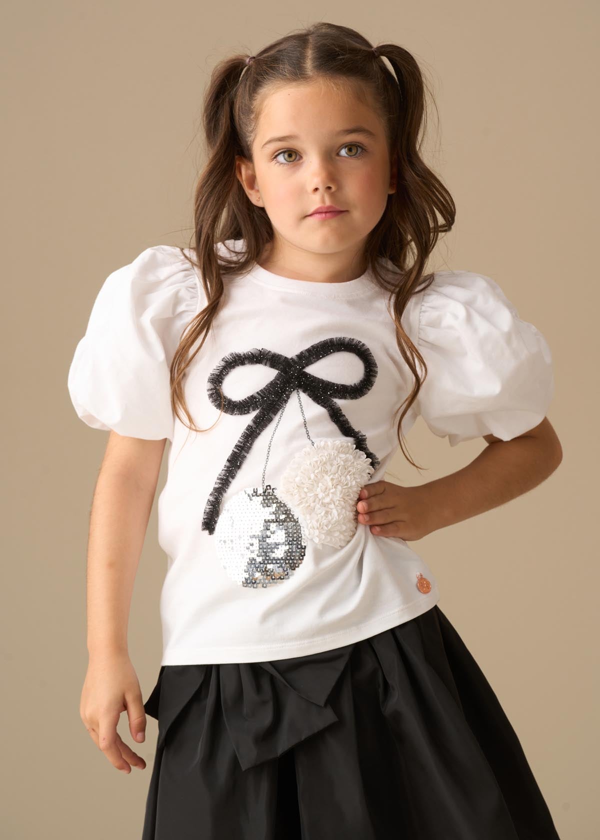 Elodie Disco Ball Embellished Puff Sleeve Tee - White