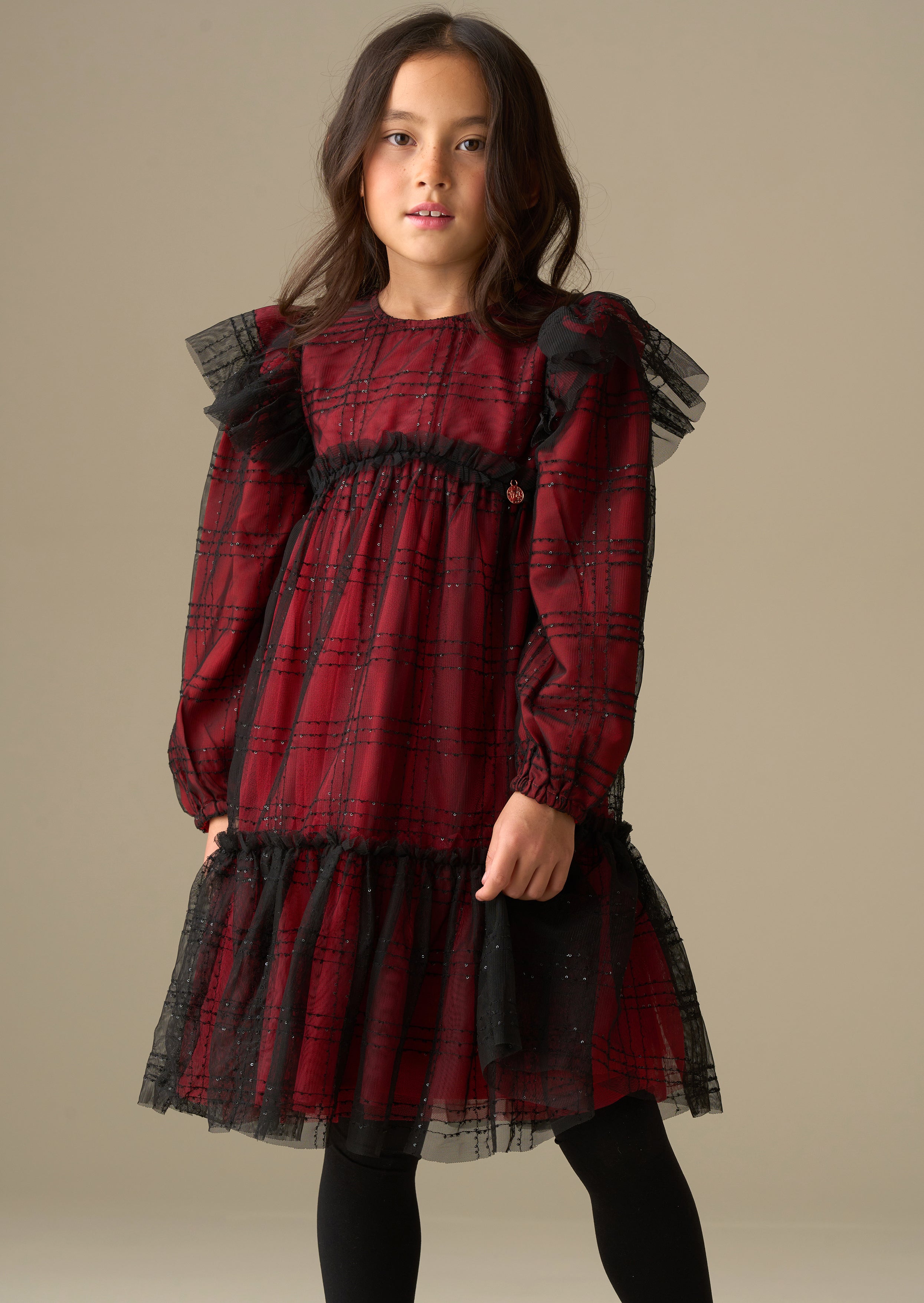 Girl Sequin Tartan Mesh Dress