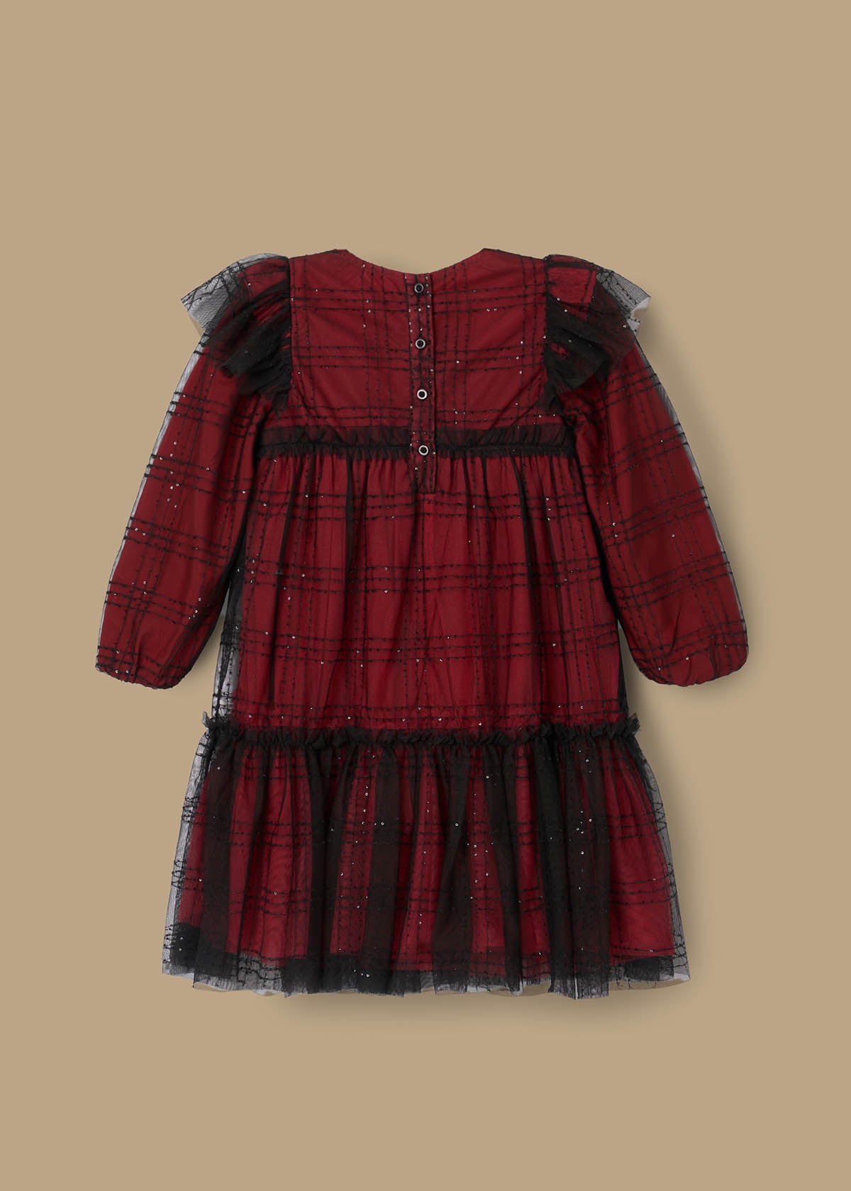 long sleeve girl sequin tartan mesh dress