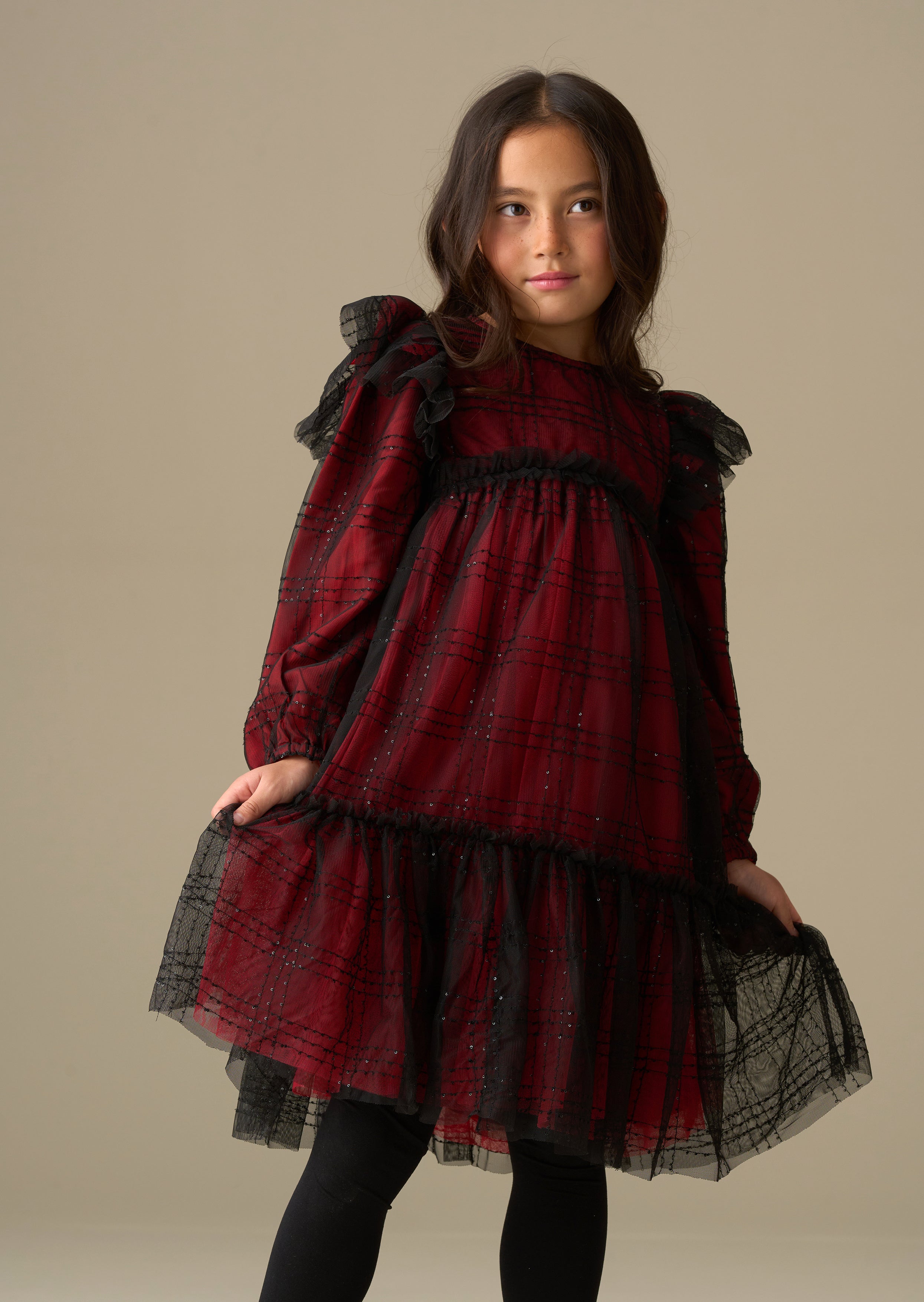 maxi girl sequin tartan mesh dress