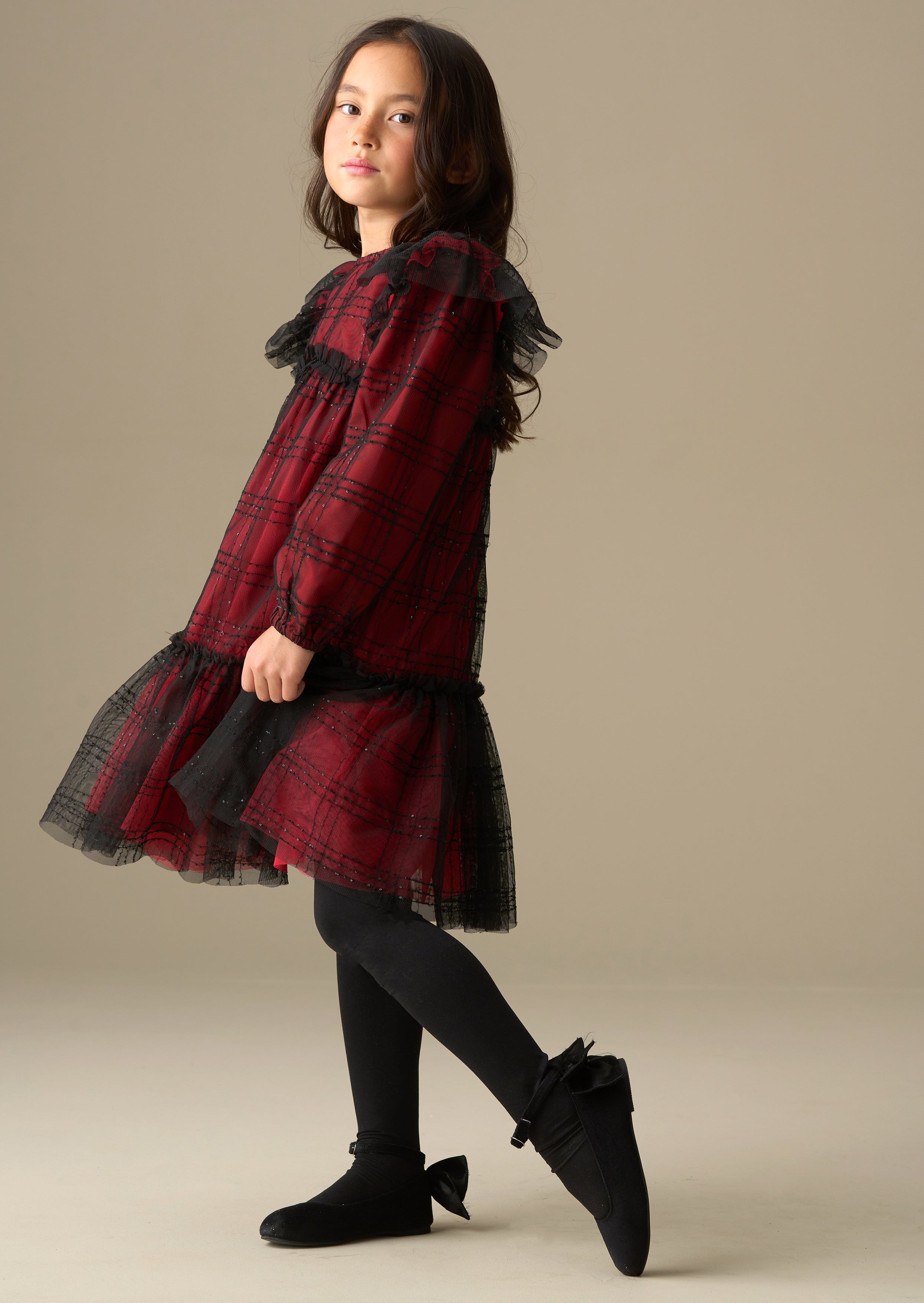midi girl sequin tartan mesh dress