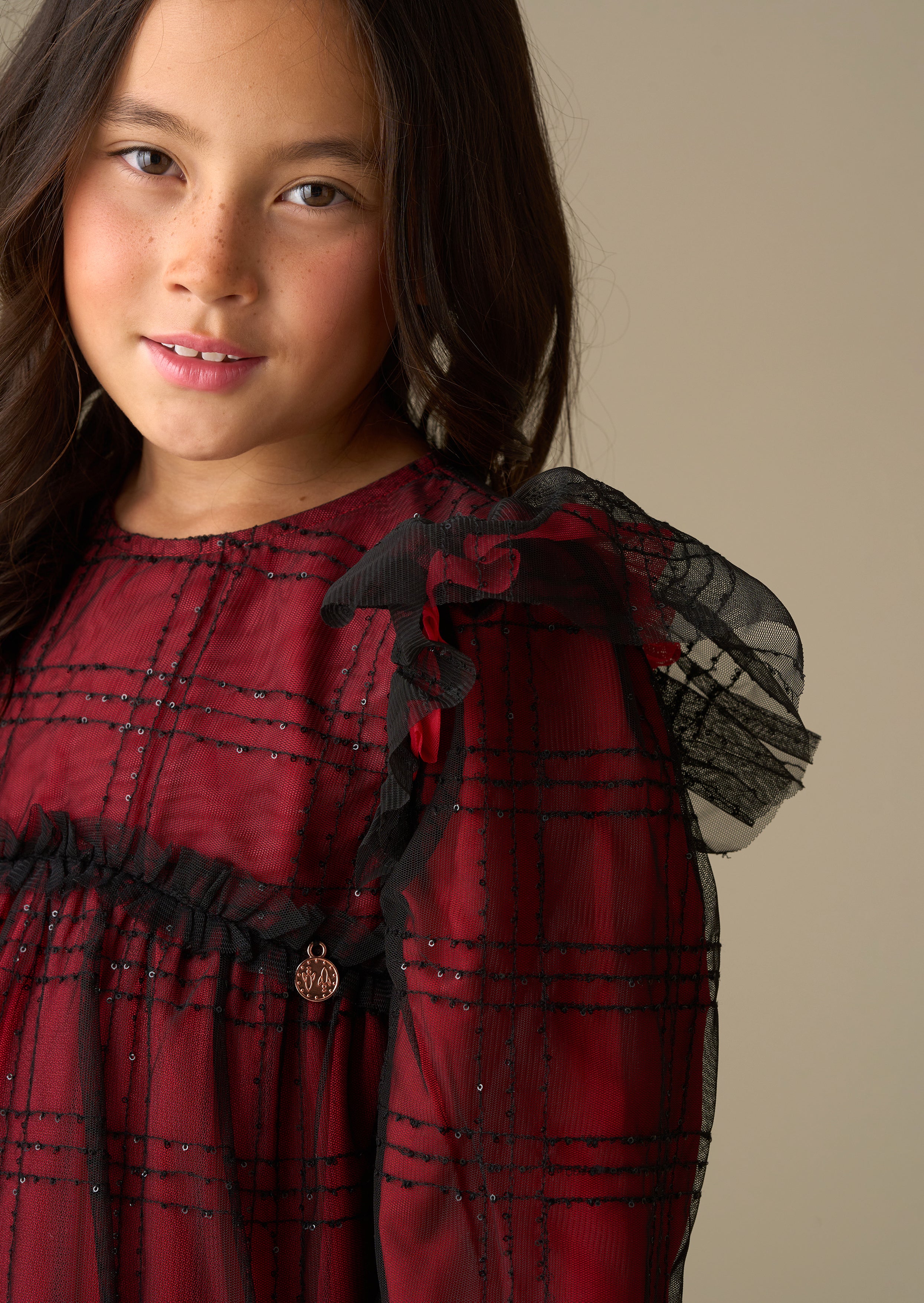 red girl sequin tartan mesh dress