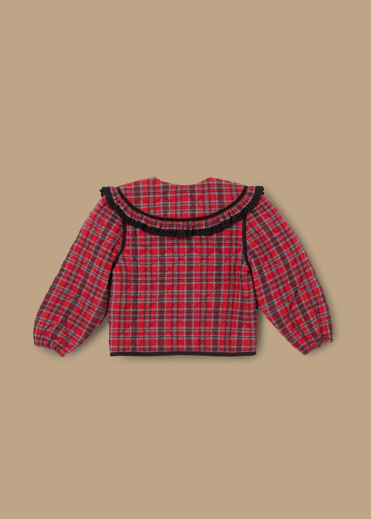 button girl red check collar jacket