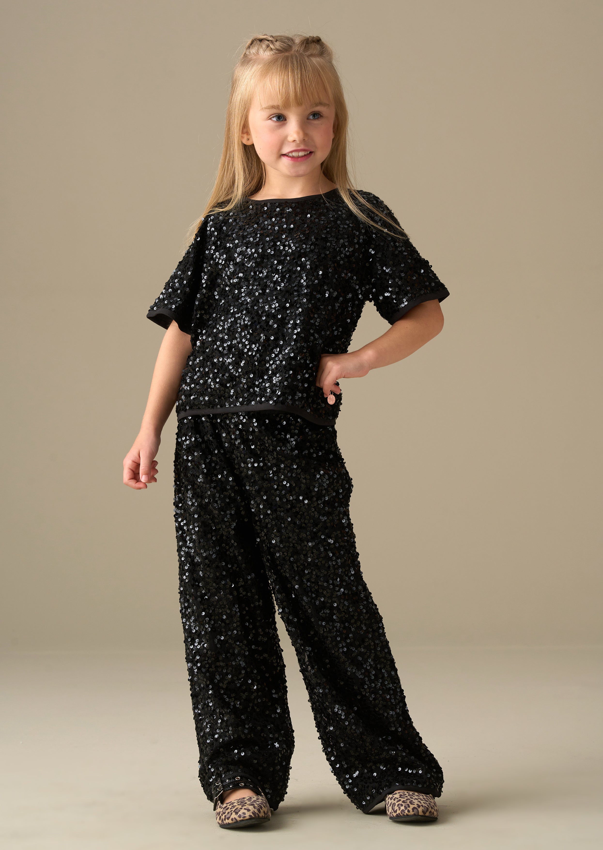 round neck girl black sequin top