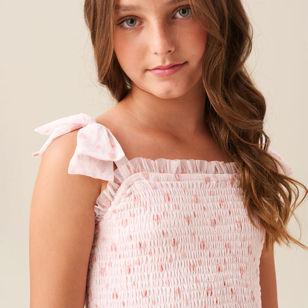 Vivi Heart Flock Tie Shoulder Mesh Dress