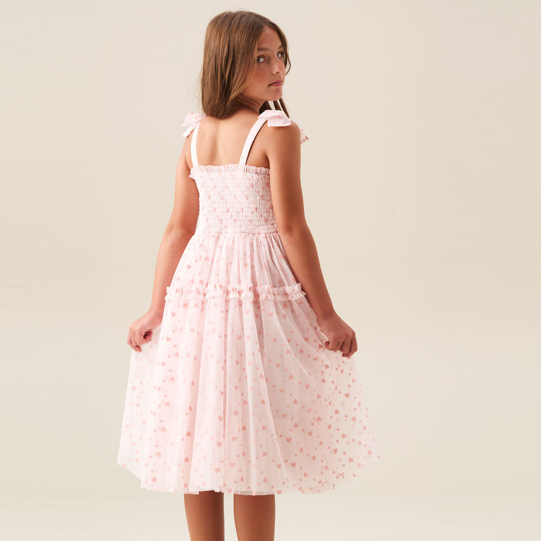 Vivi Heart Flock Tie Shoulder Mesh Dress