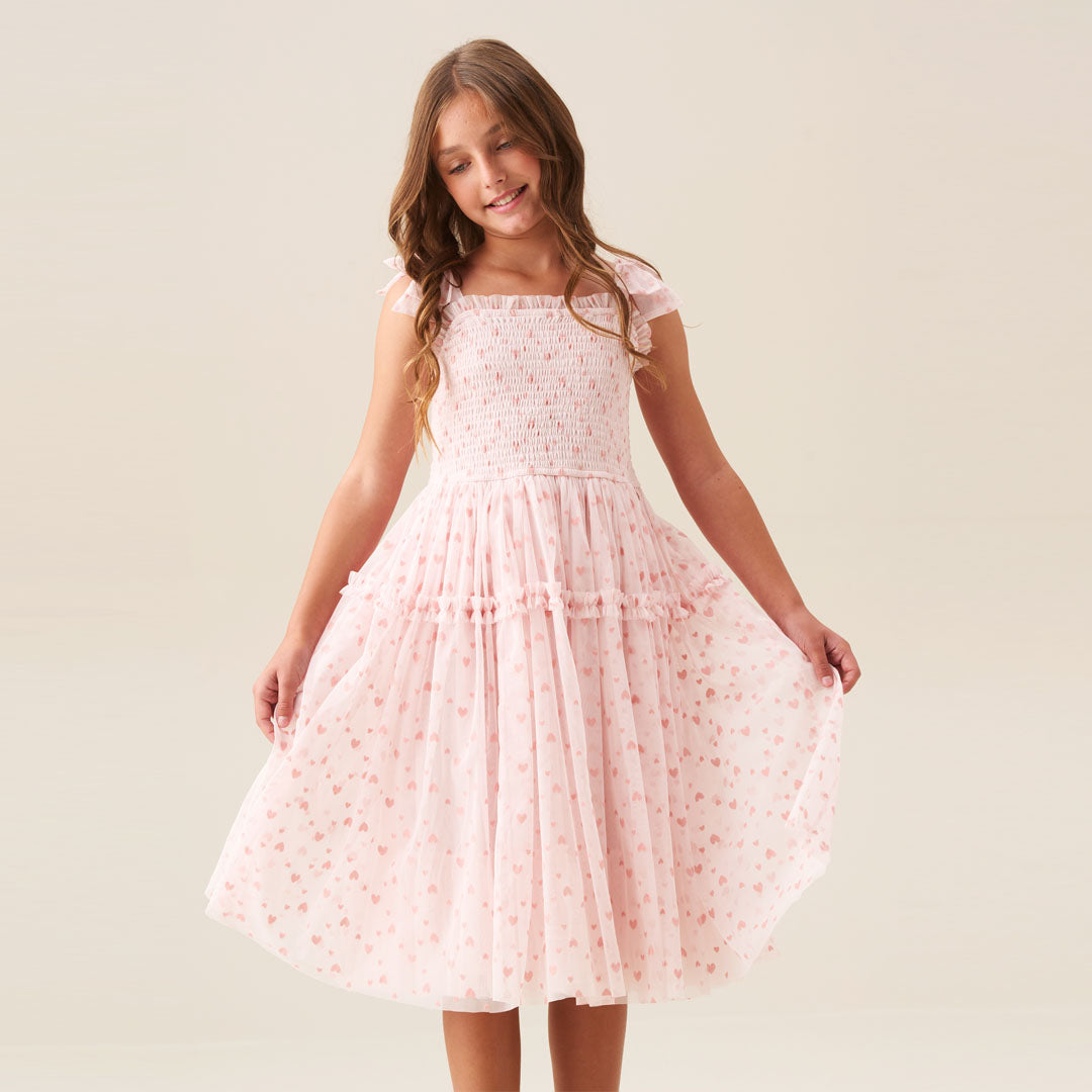 Vivi Heart Flock Tie Shoulder Mesh Dress