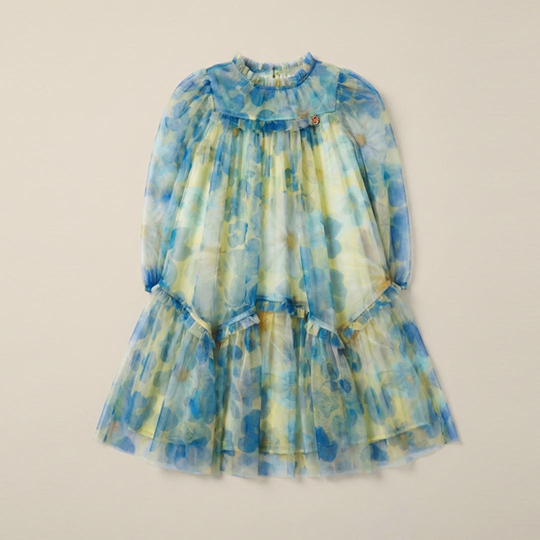 Beatrice Yellow Mesh Frill Daisy Print Dress