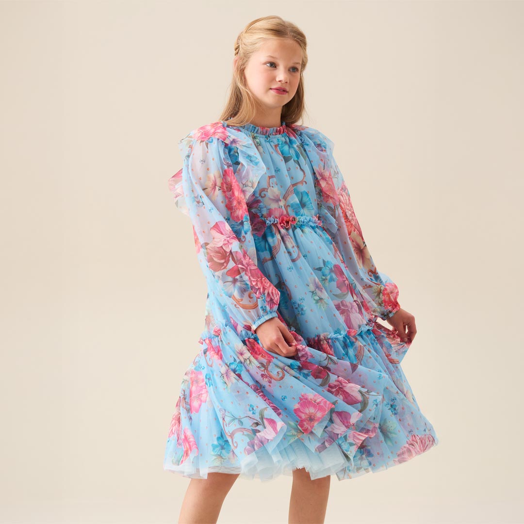 Alessia Blue Floral Print Mesh Dress