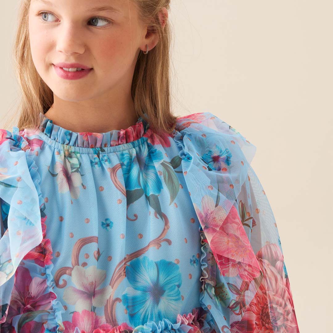 Alessia Floral Print Blue Mesh Dress - Angel & Rocket