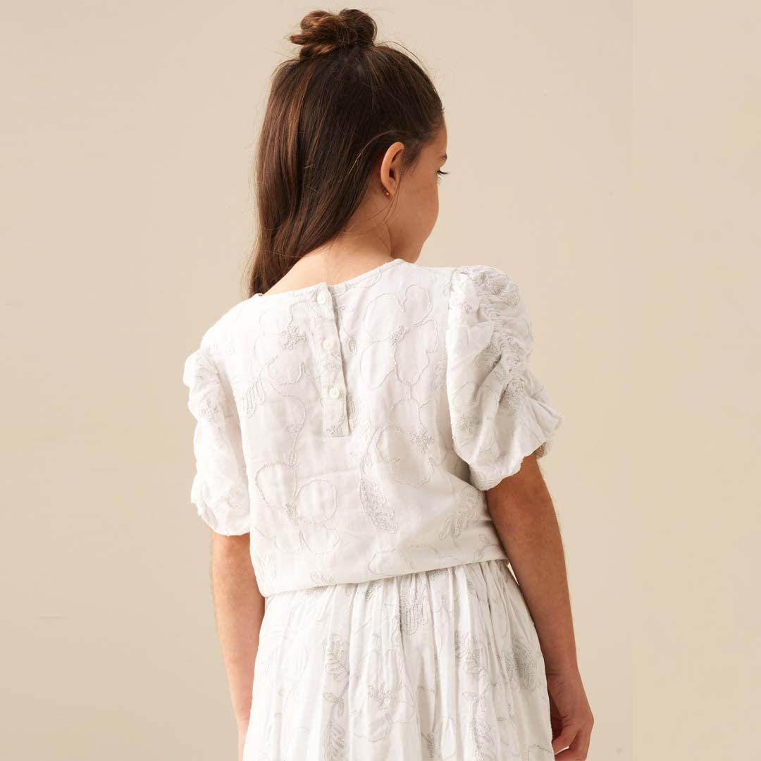 Dalhia Floral Embroidered Tie Waist Puff Sleeve Top