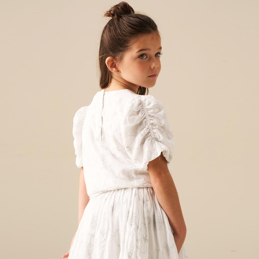 Dalhia Floral Embroidered Tie Waist Puff Sleeve Top