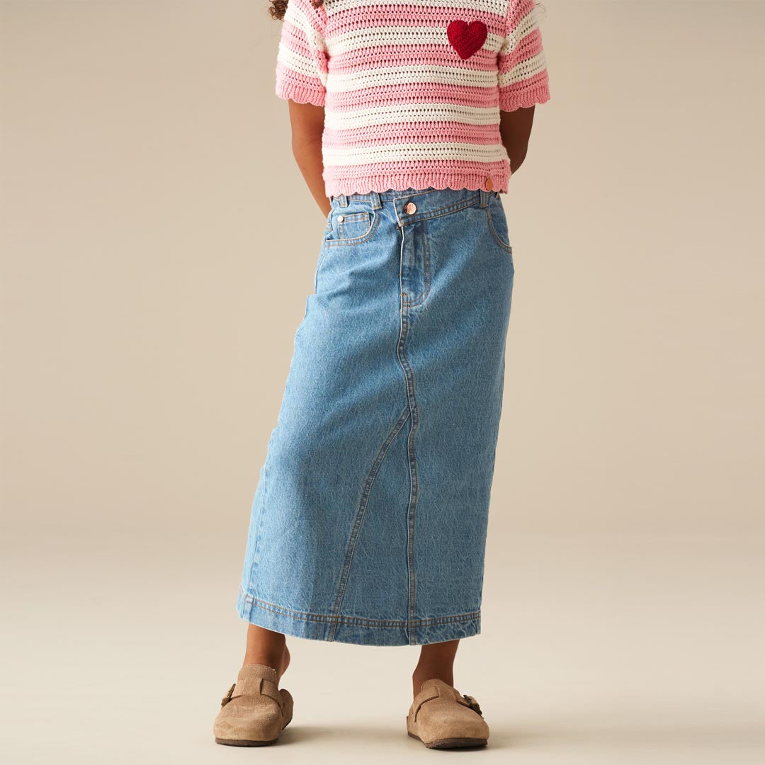 Kendal Asymmetric Waist Denim Midi Skirt