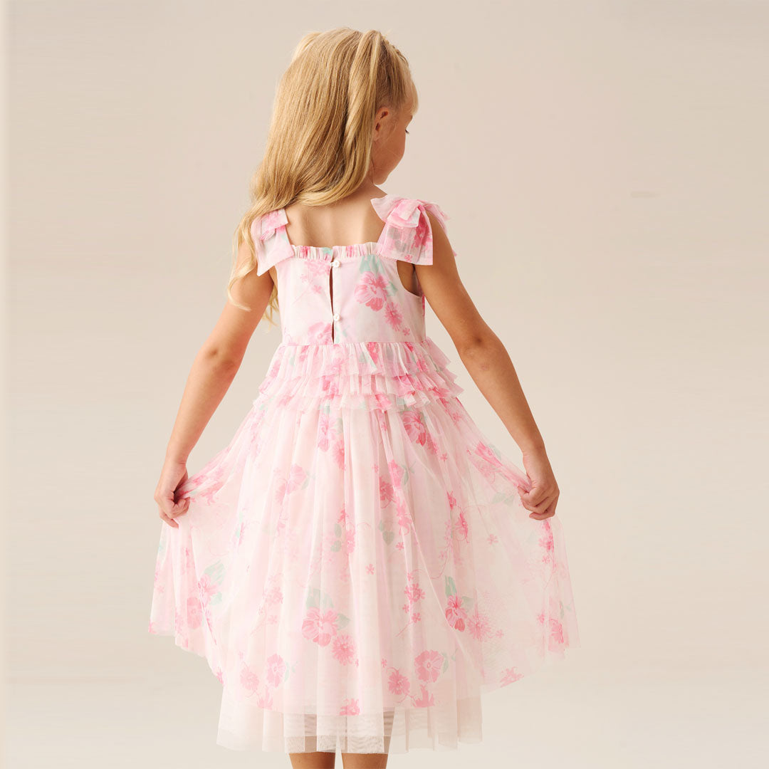 Mae Pink Floral Mesh Bow Strap Dress