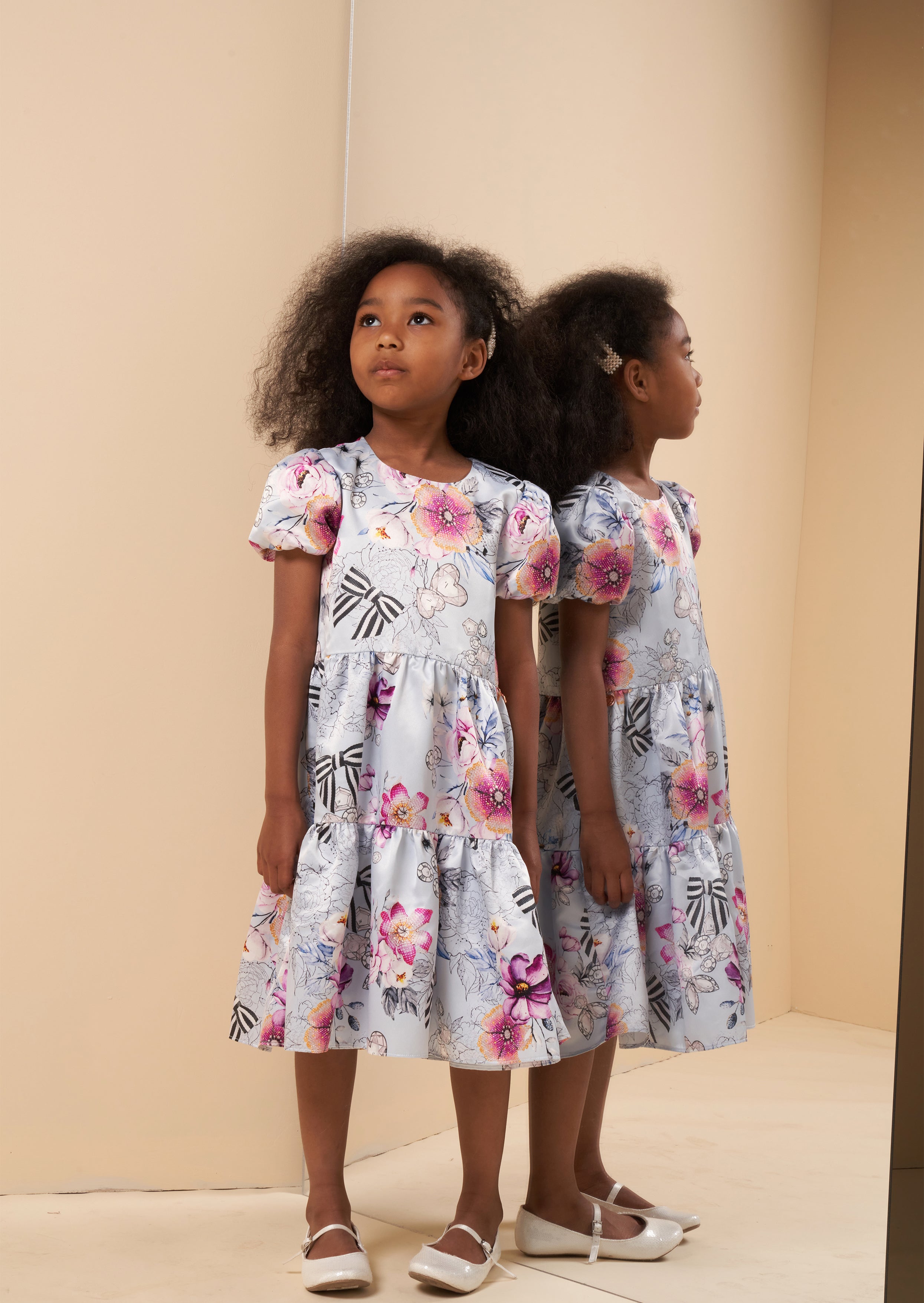 Girls Floral Printed Blue Taffeta Dress