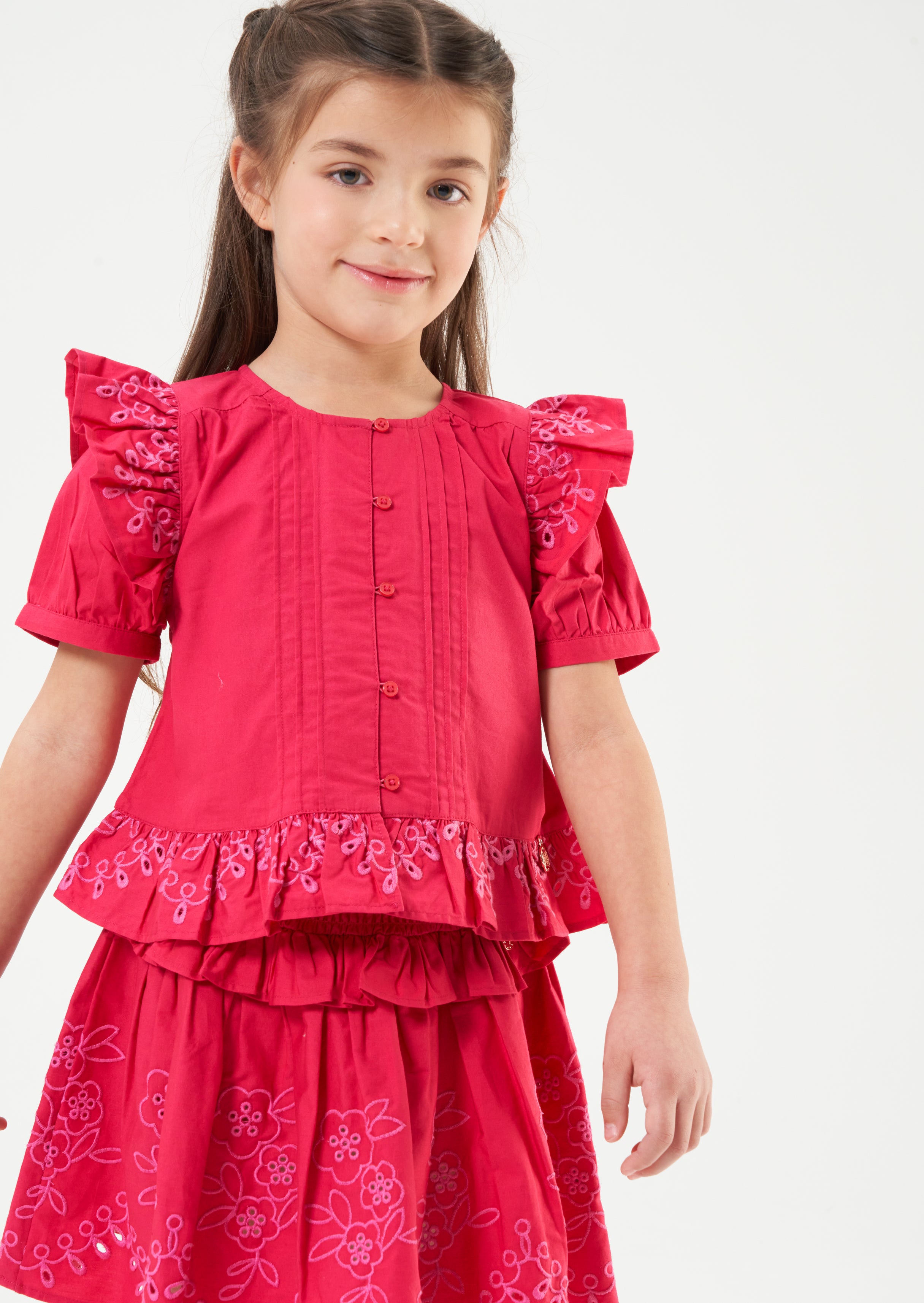 Girls Floral Embroidered Cotton Pink Top with Puff Sleeves