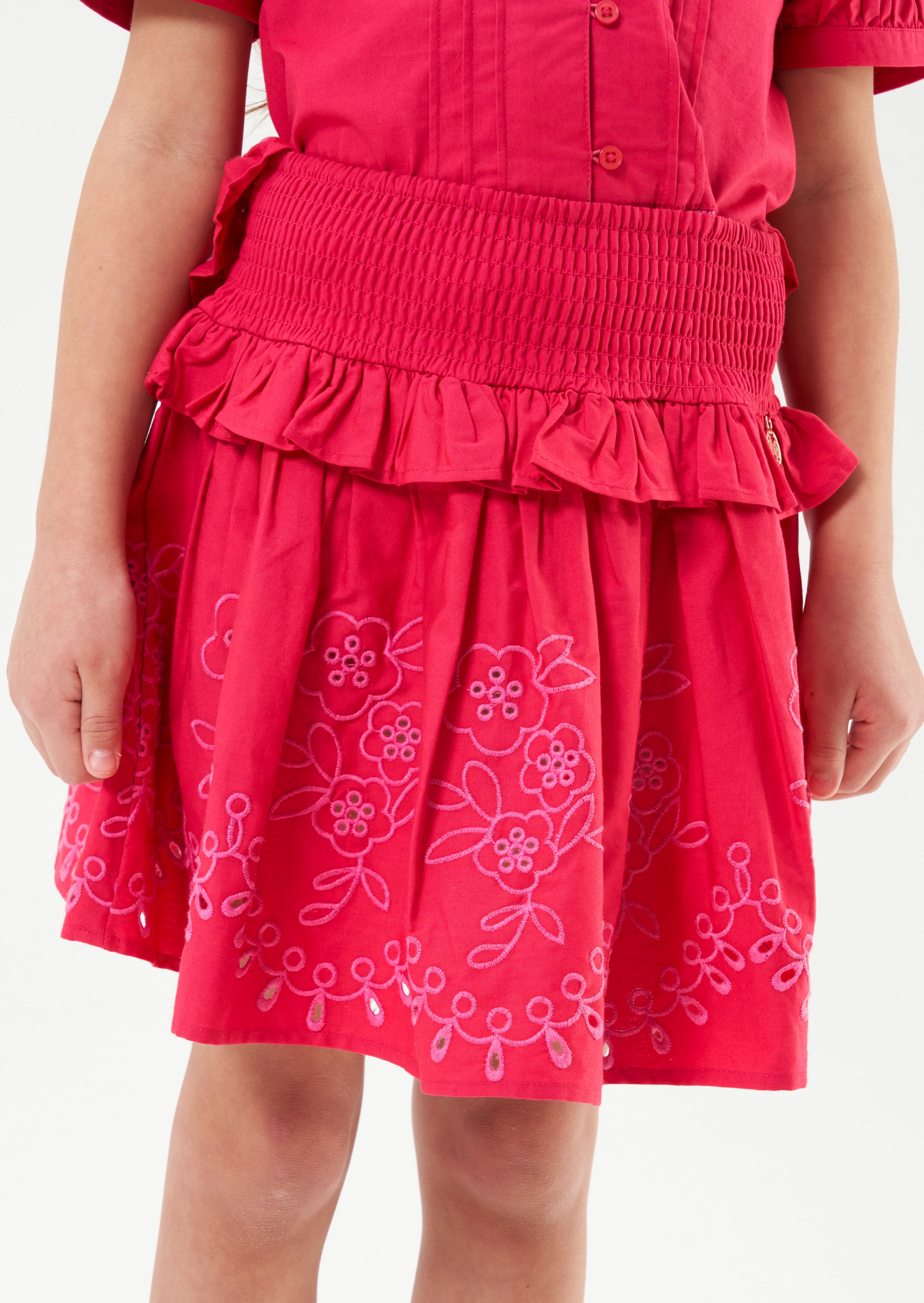 Girls Floral Embroidered Pink Skirt