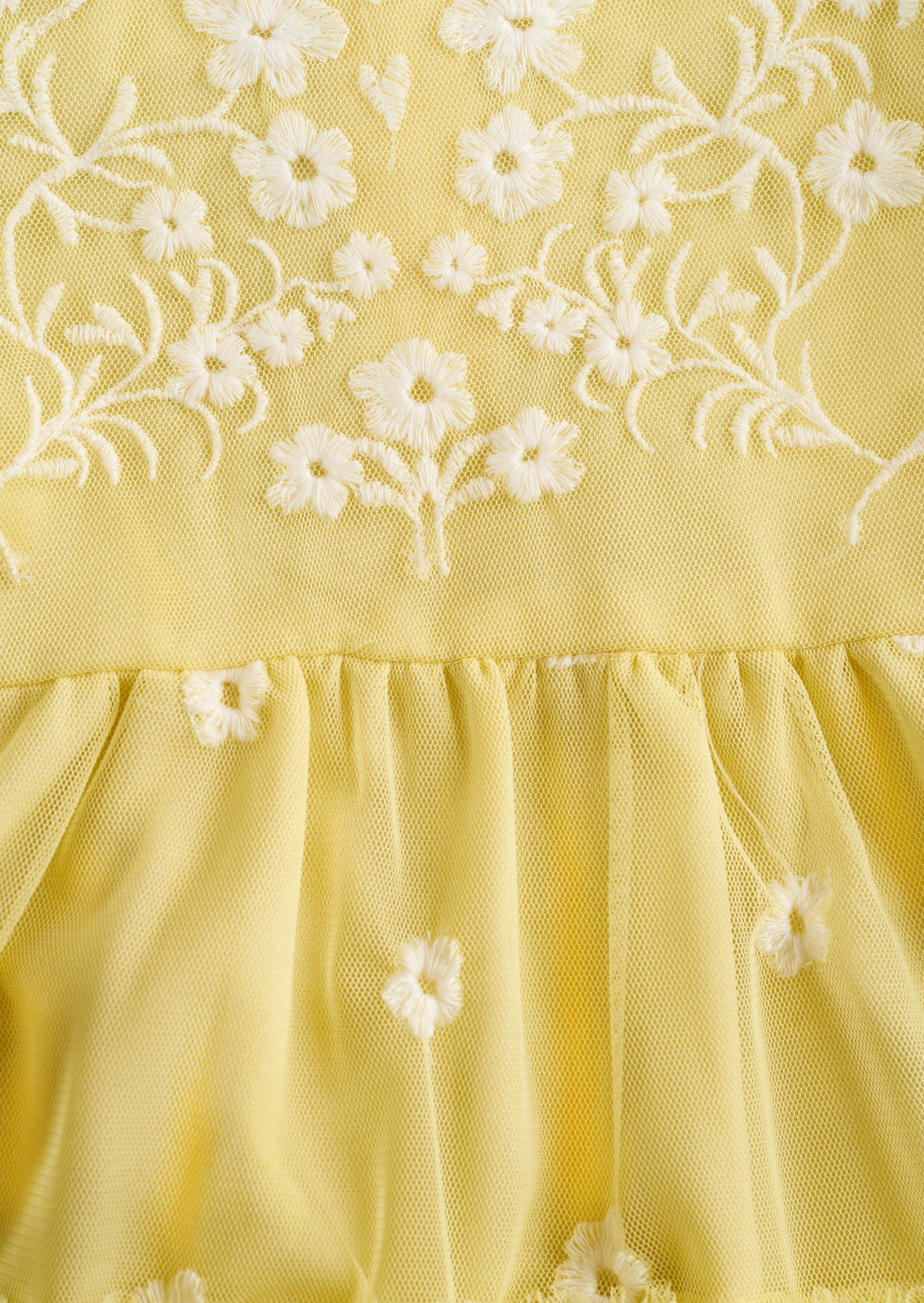 Girls Yellow Floral Embroidered Mesh Dress