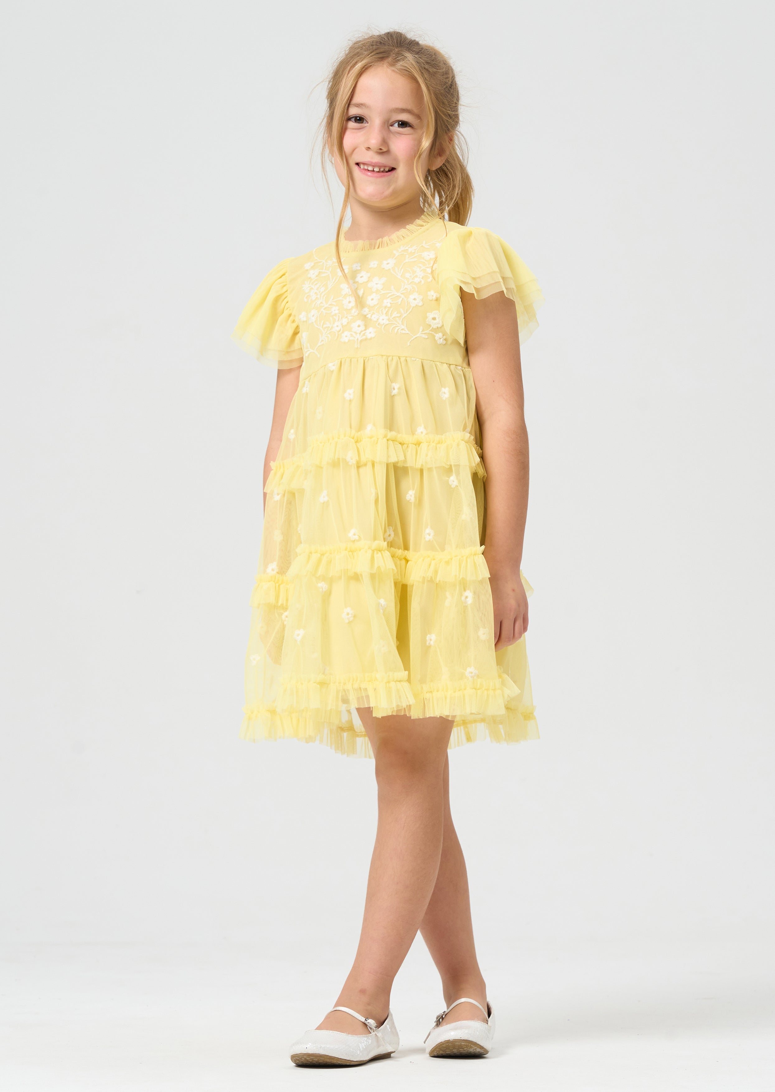 Girls Yellow Floral Embroidered Mesh Dress