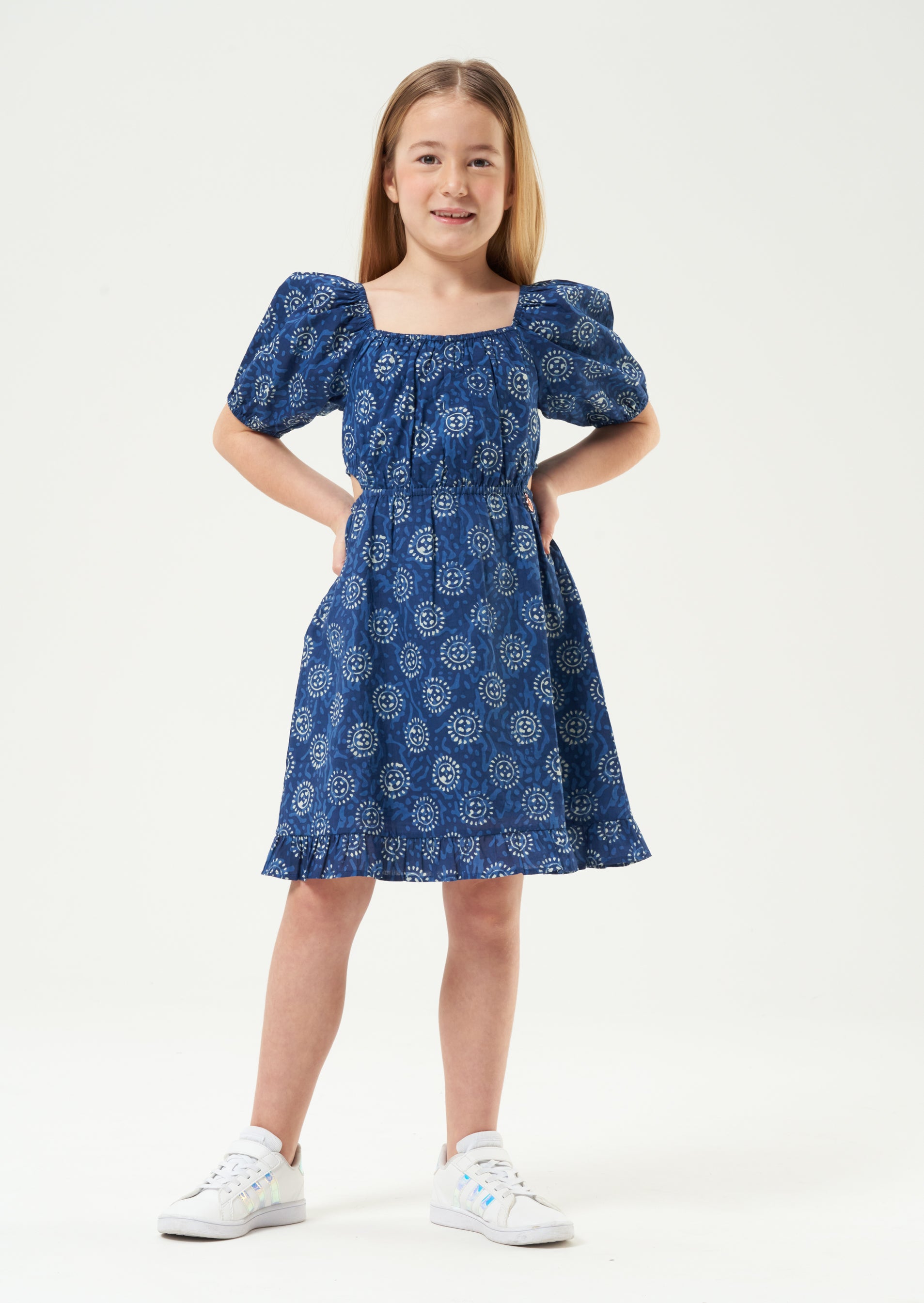 Girls Floral Printed Blue Premium Dress with Puff Sleeves