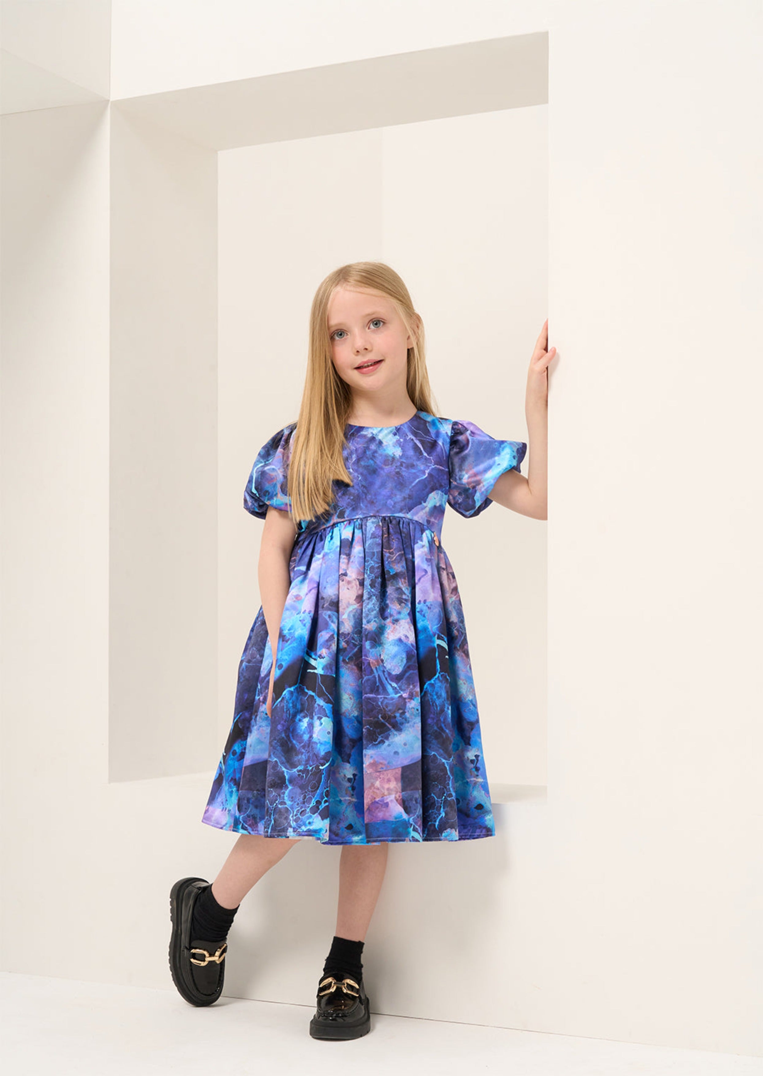 Girls Blue Galaxy Print Premium Dress with Puff Sleeves