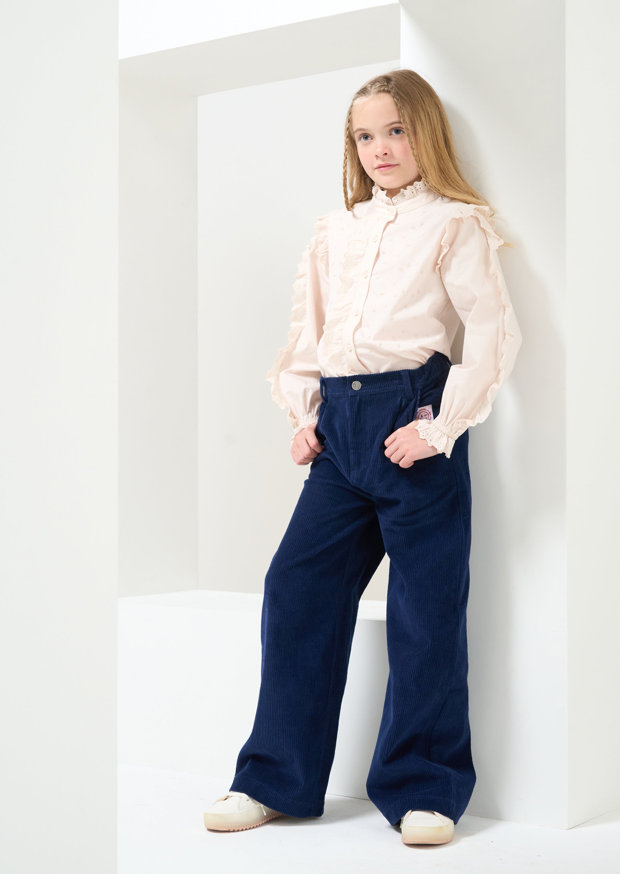 Girls Navy Self Textured Wide Leg Trousers