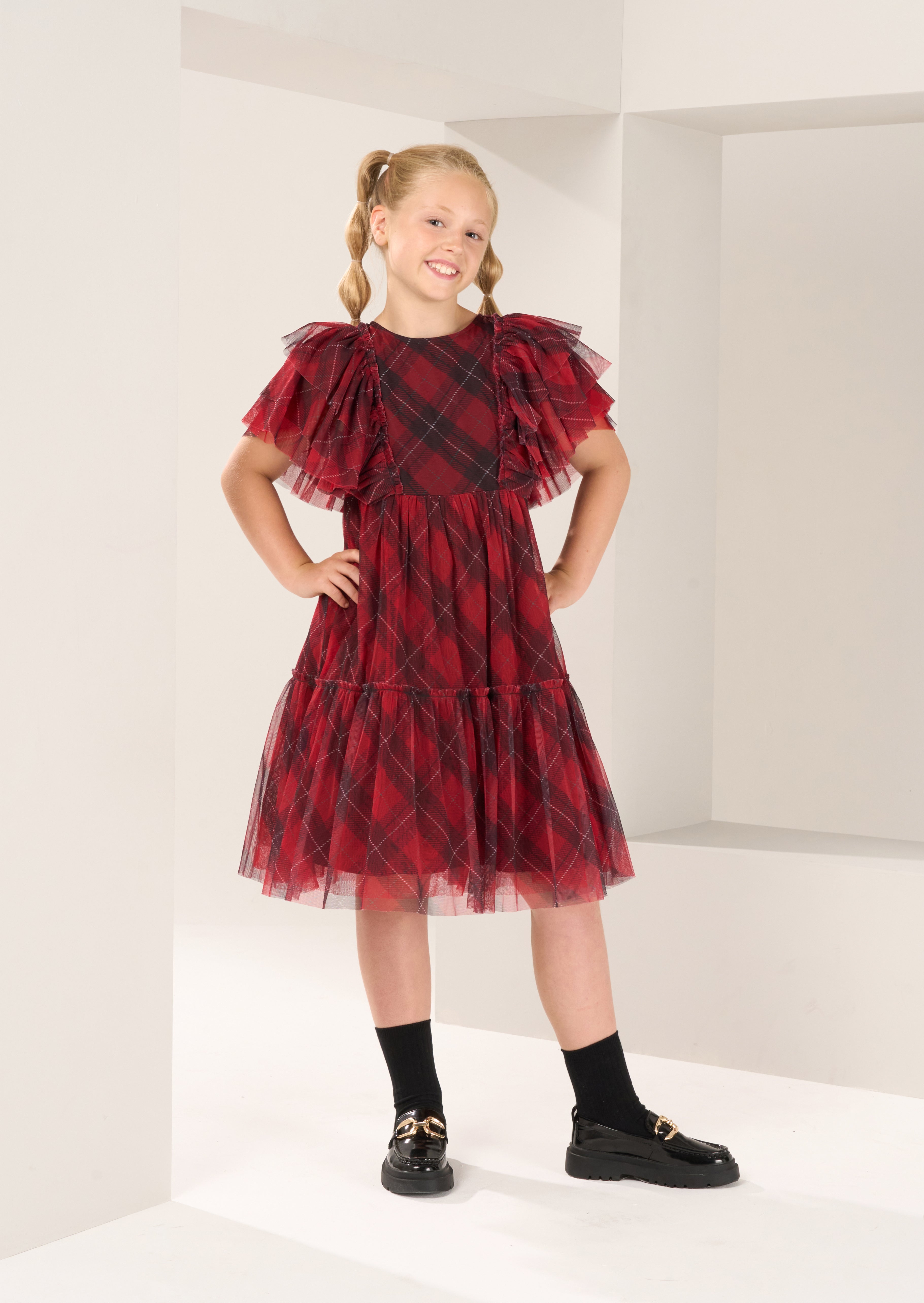 Juliana Printed Tartan Mesh Dress