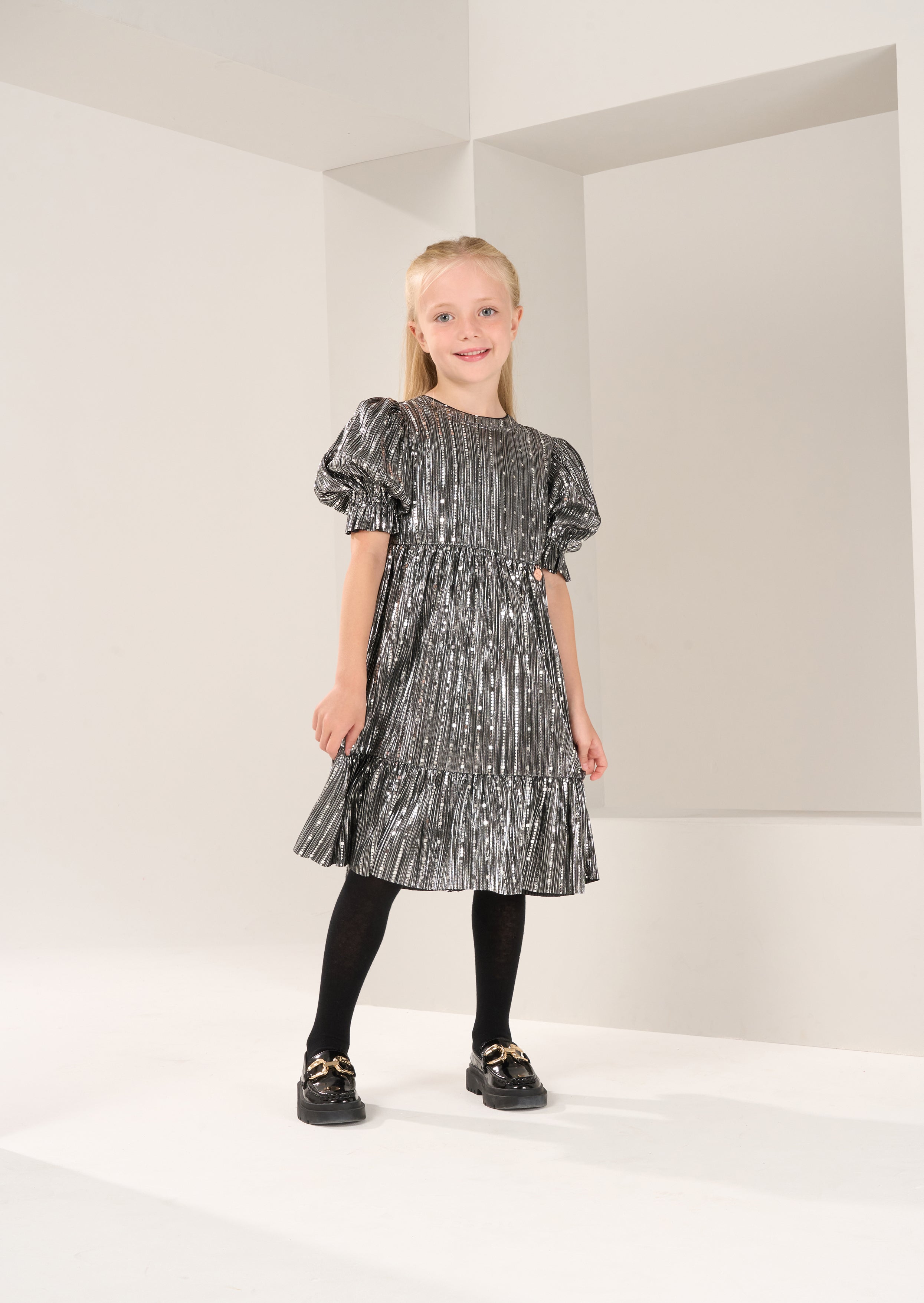 Girls Plisse Sequin Embellished Woven Grey Dress